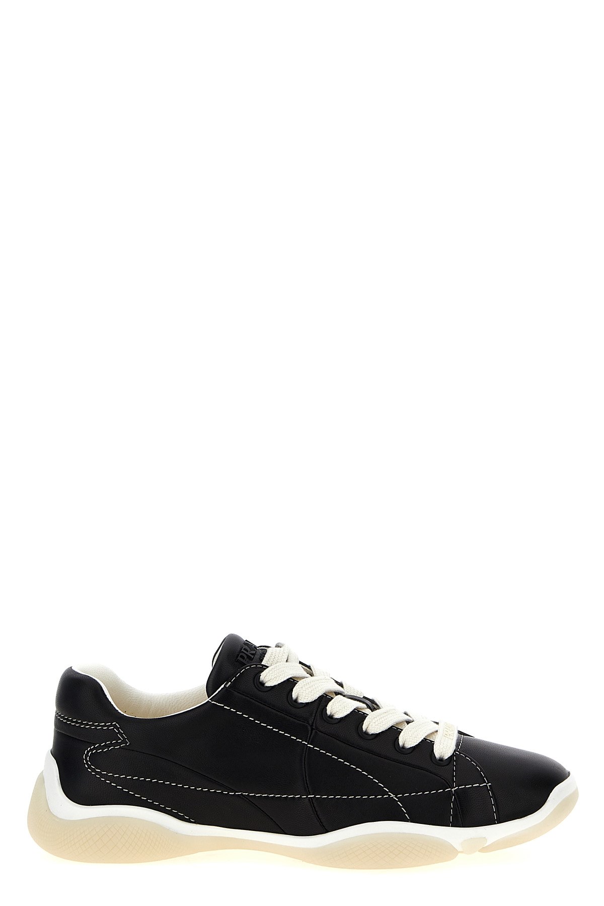 Prada Leather Sneakers With Contrast Stitching And Rubber Sole In Pattern