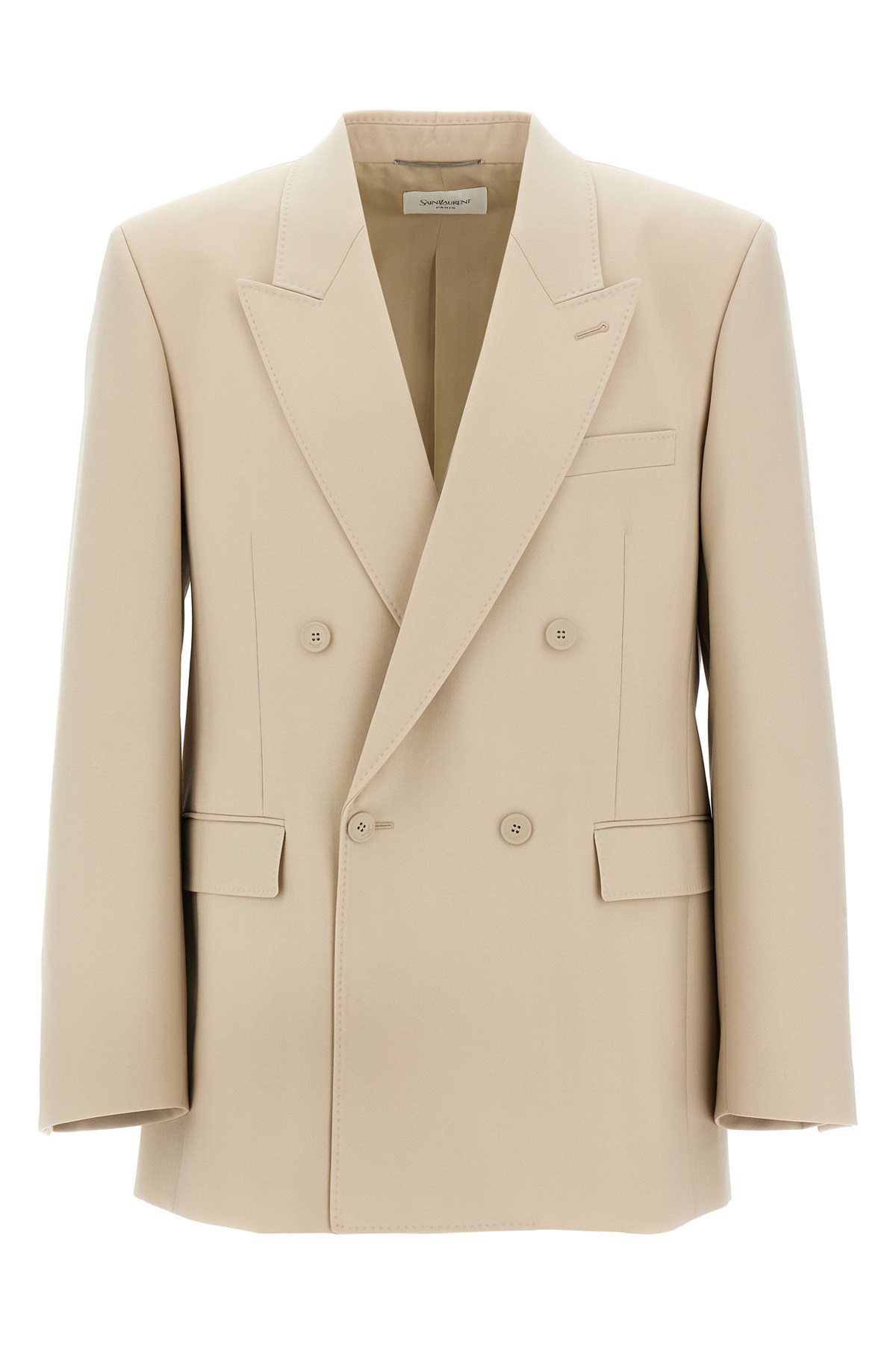 Saint Laurent Double-breasted Blazer With Buttoned Cuffs In Neutral