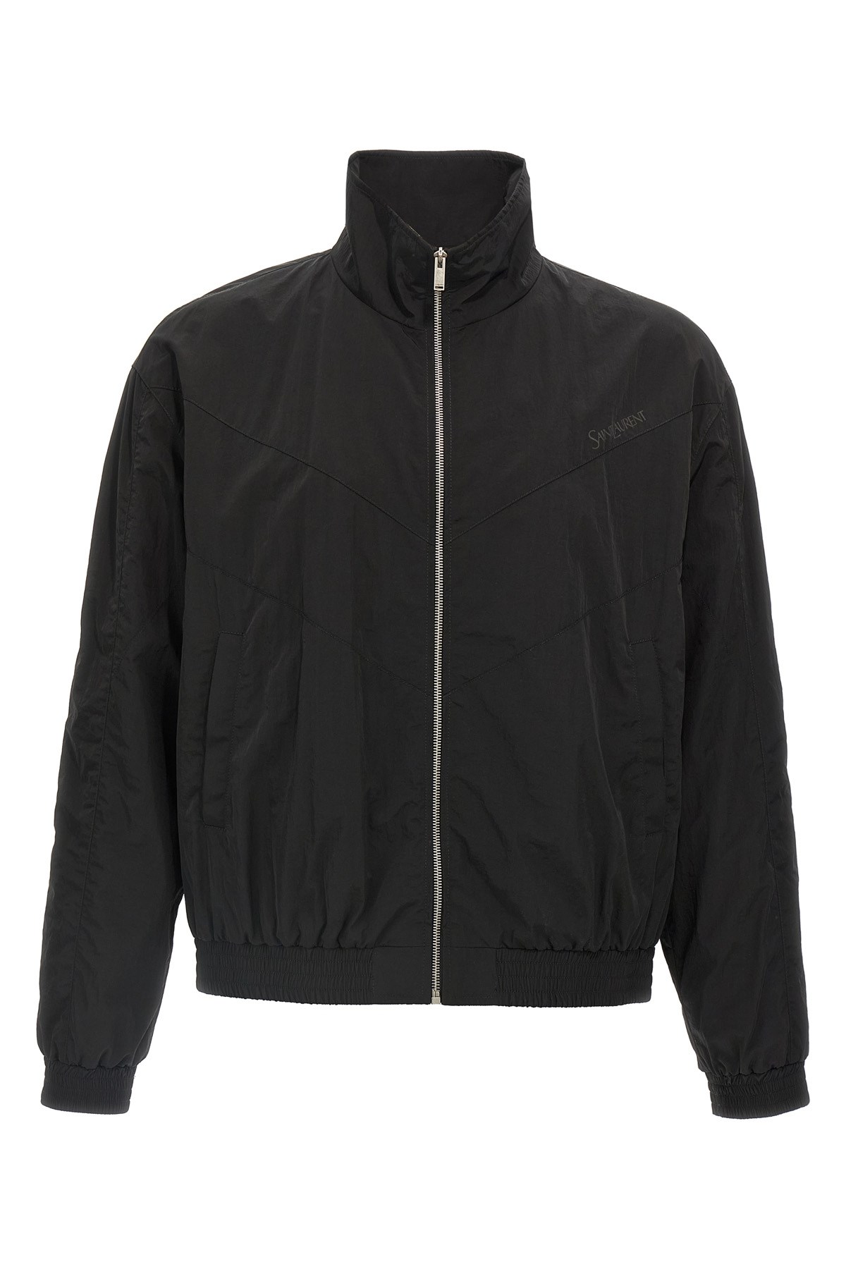 Saint Laurent Black Jacket With High Neck And Logo Lettering On The Front In Tech Fabric Man In Black