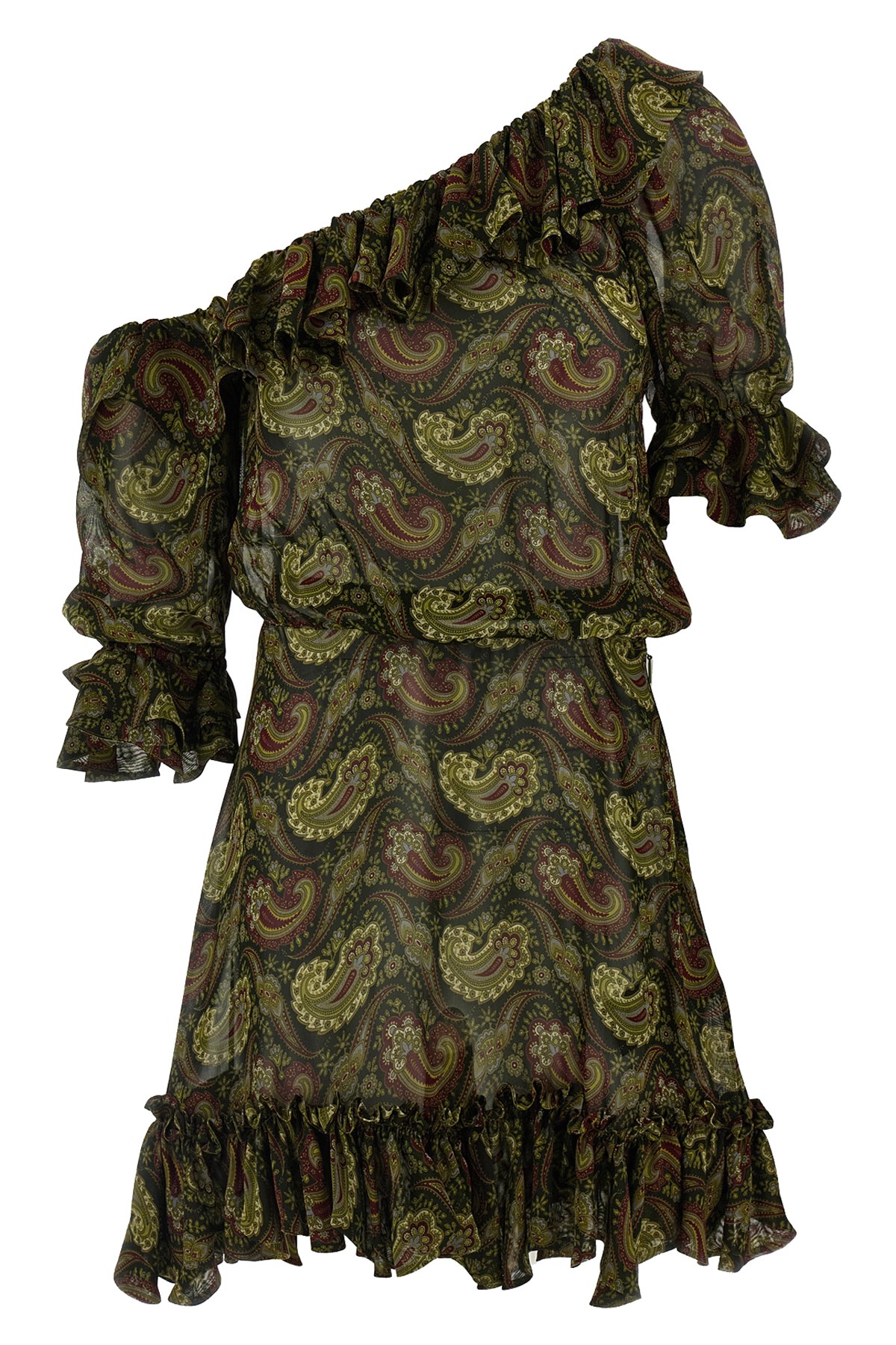 Saint Laurent Paisley Off-the-shoulder Mini Ruffled Dress