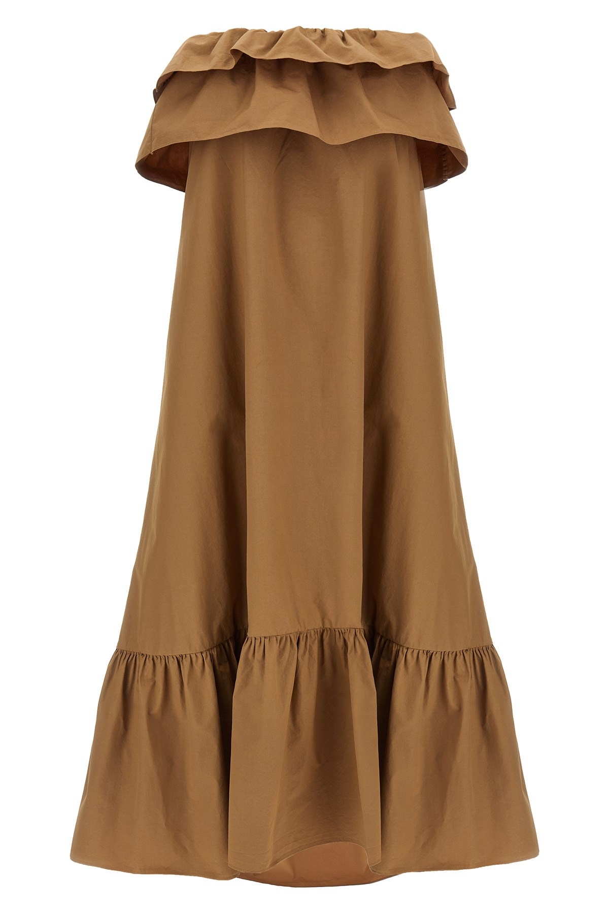 Saint Laurent Beige Long Dress With Bustier Neckline And Ruffled Skirt In Cotton Woman In Brown