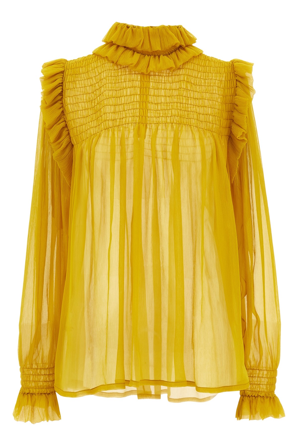 Saint Laurent Silk Blouse With Ruffled Collar And Smocked Detailing