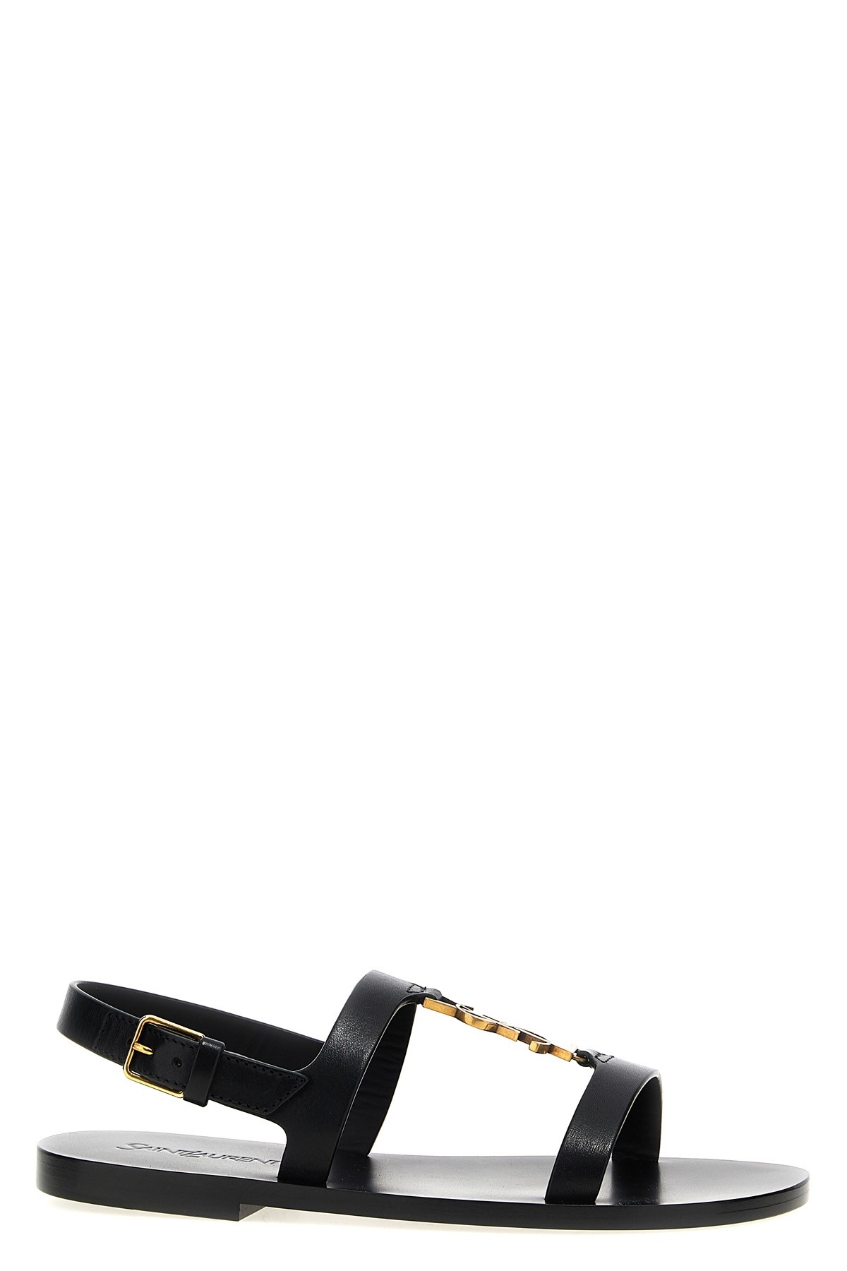 Saint Laurent Black Sandals With Metal Cassandre On The Front And Adjustable Strap In Leather Woman