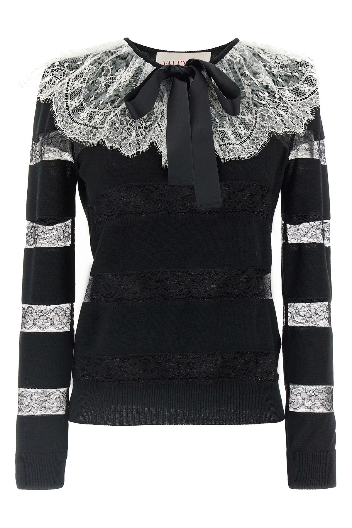 Valentino Bow-embellished Striped Lace-trimmed Wool Sweater In Black