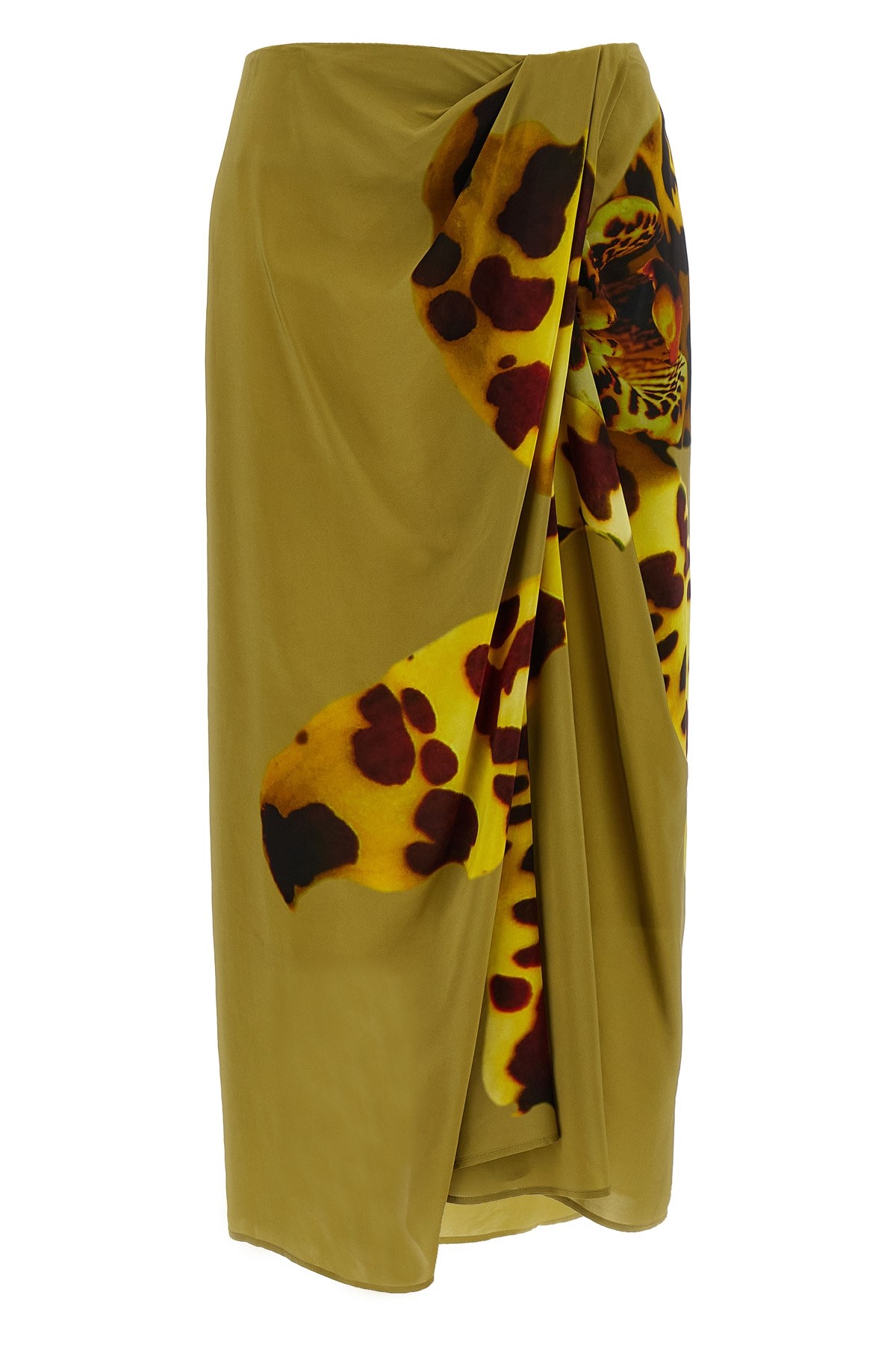 Dries Van Noten Gathered Printed Wrap-effect Satin Midi Skirt