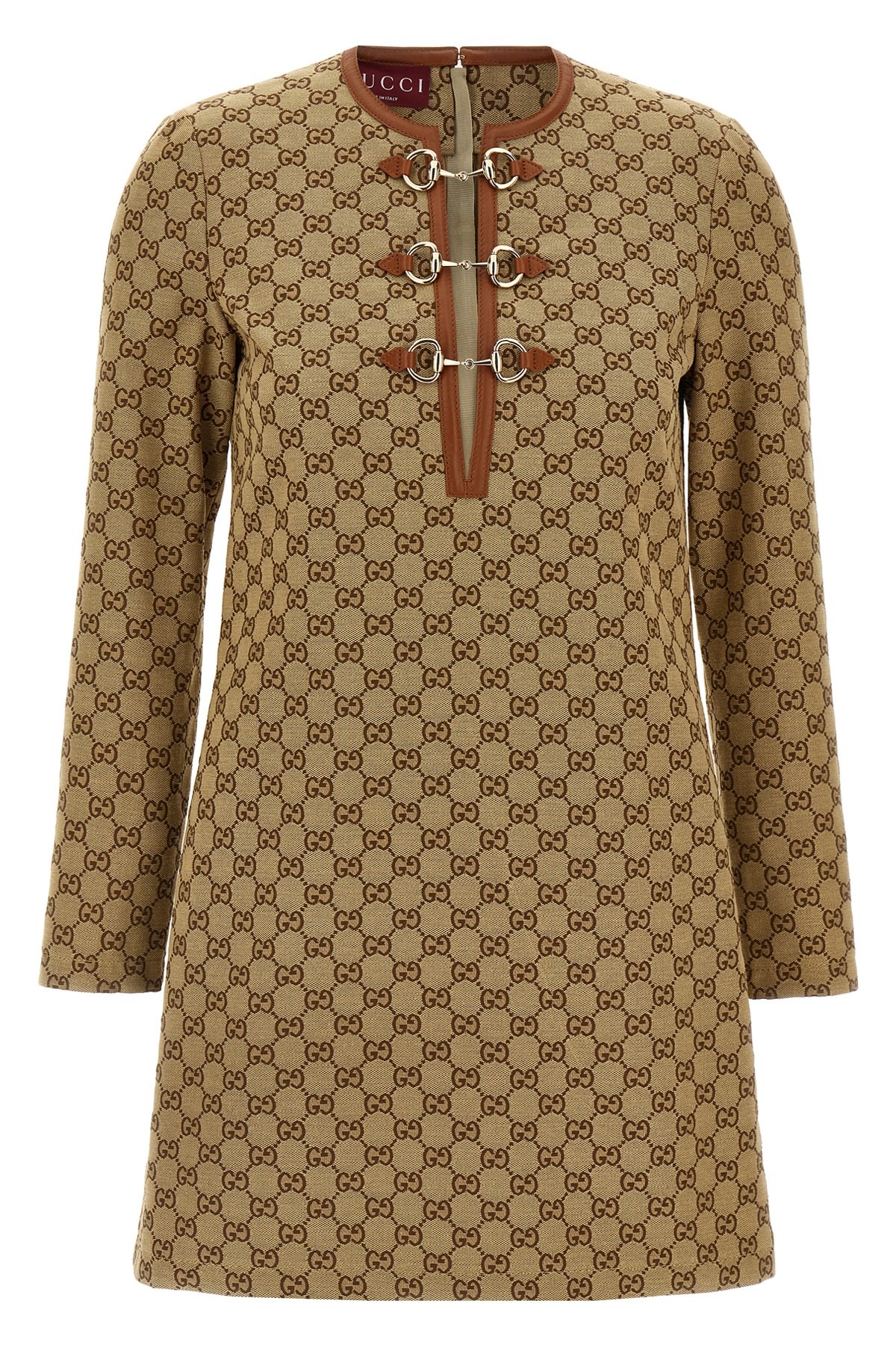 Gucci Beige Crewneck Mini Dress With Horsebit On The Front In Gg Canvas Woman
