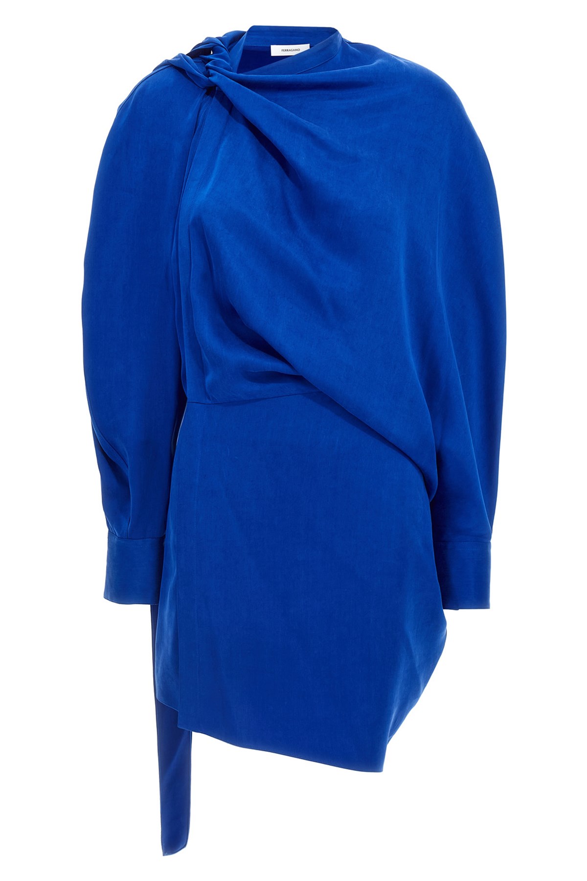 Ferragamo Draped One Shoulder Long Sleeve Dress In Blue