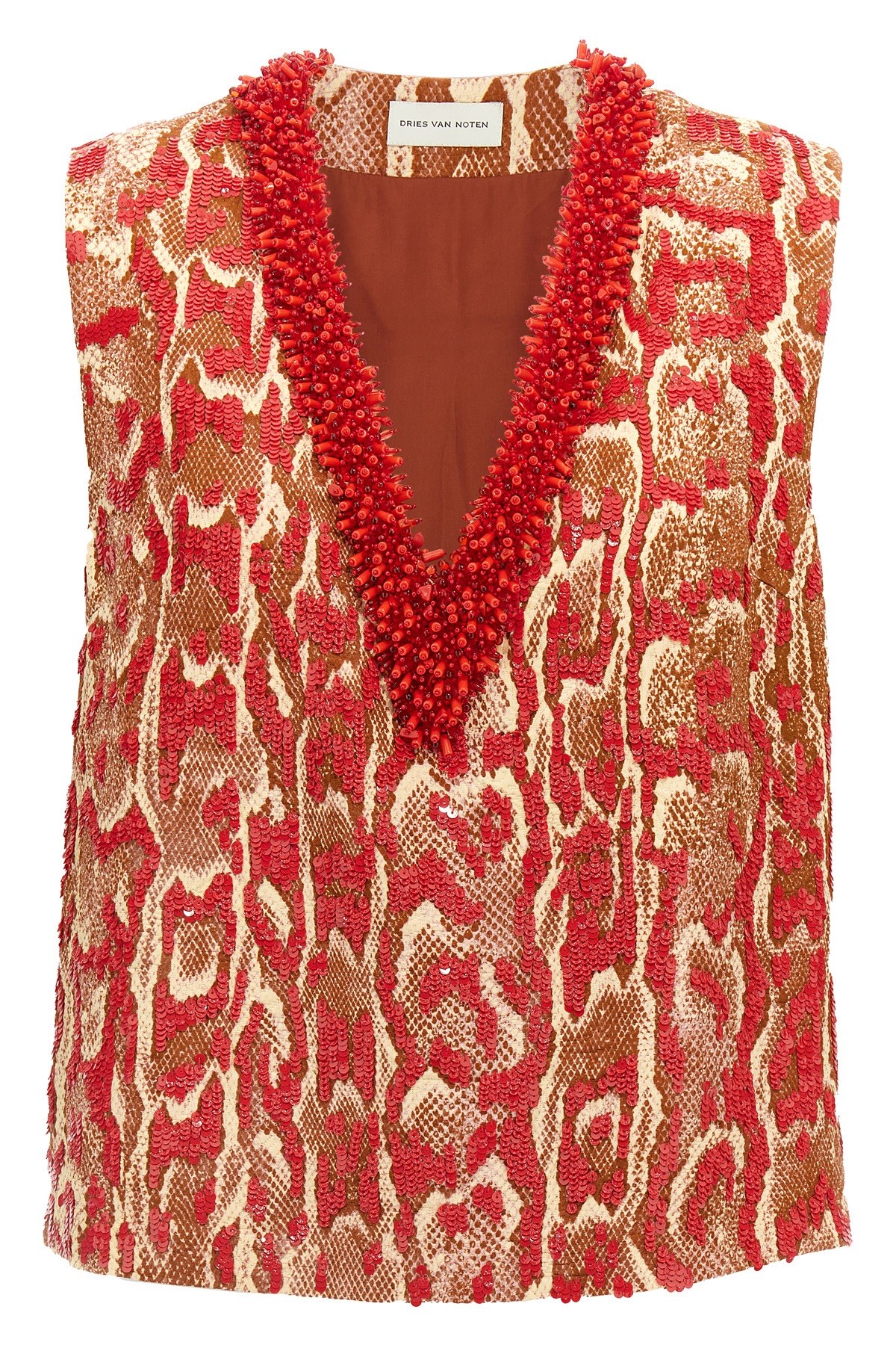 Dries Van Noten Sleeveless V-neck Animal Print Sequin Trim Top