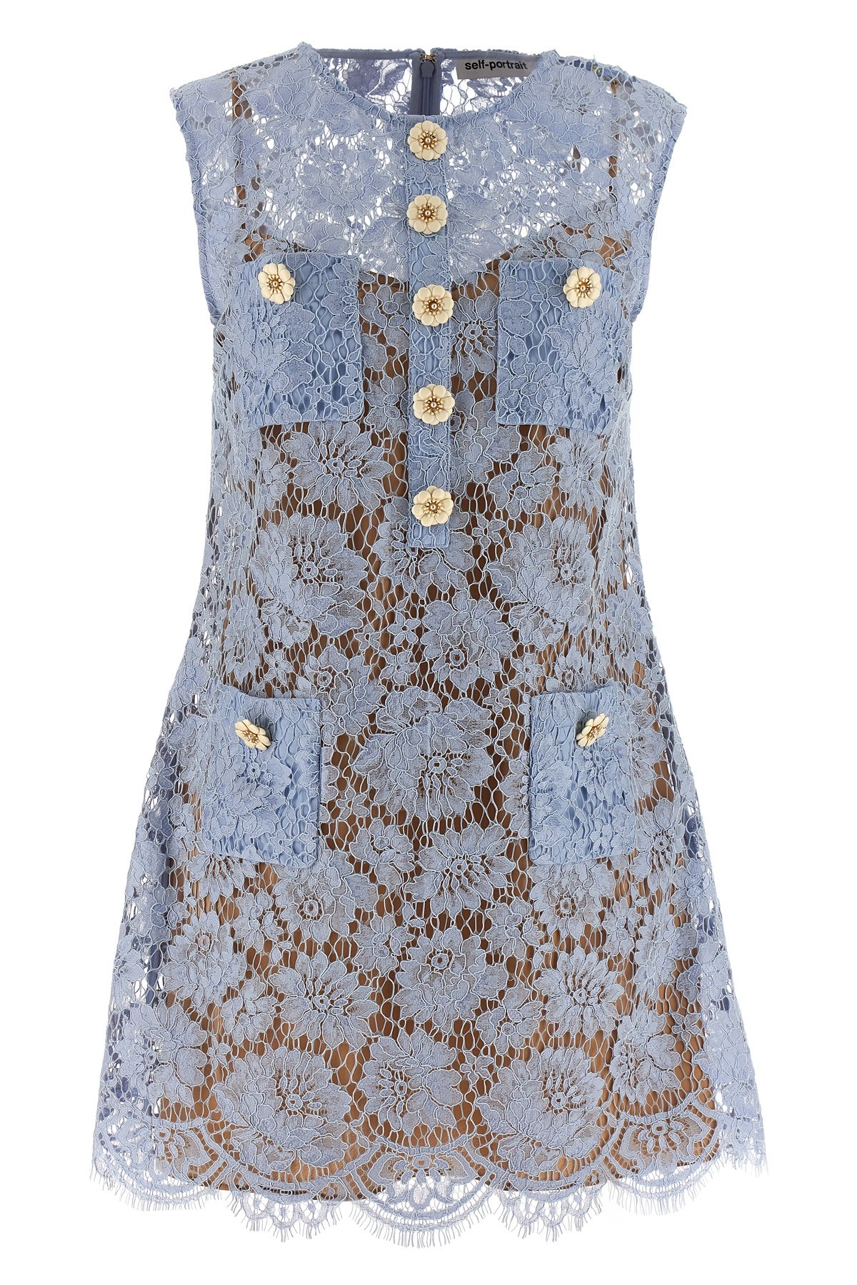 Self-portrait Blue Crewneck Mini Dress With All-over Lace Embroidery And Scallop Hem In Cotton Blend Woman In Blue