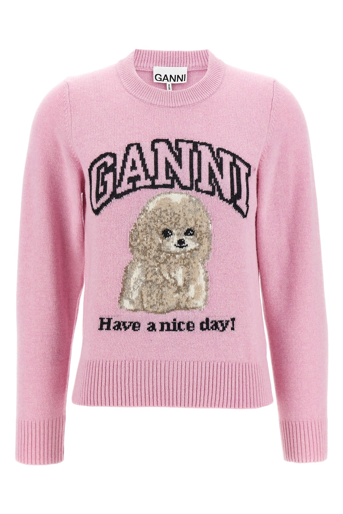 Ganni Womens Chalk Pink Poodle Logo-motif Wool-blend Knit Jumper Xs In Pink