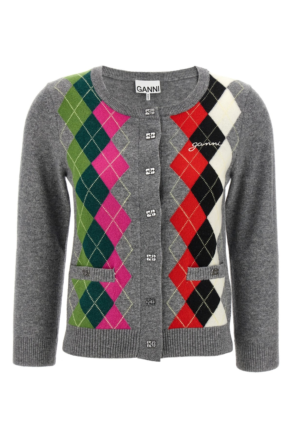 Ganni Womens Paloma Melange Rhombus-print Round-neck Wool And Cashmere Cardigan
