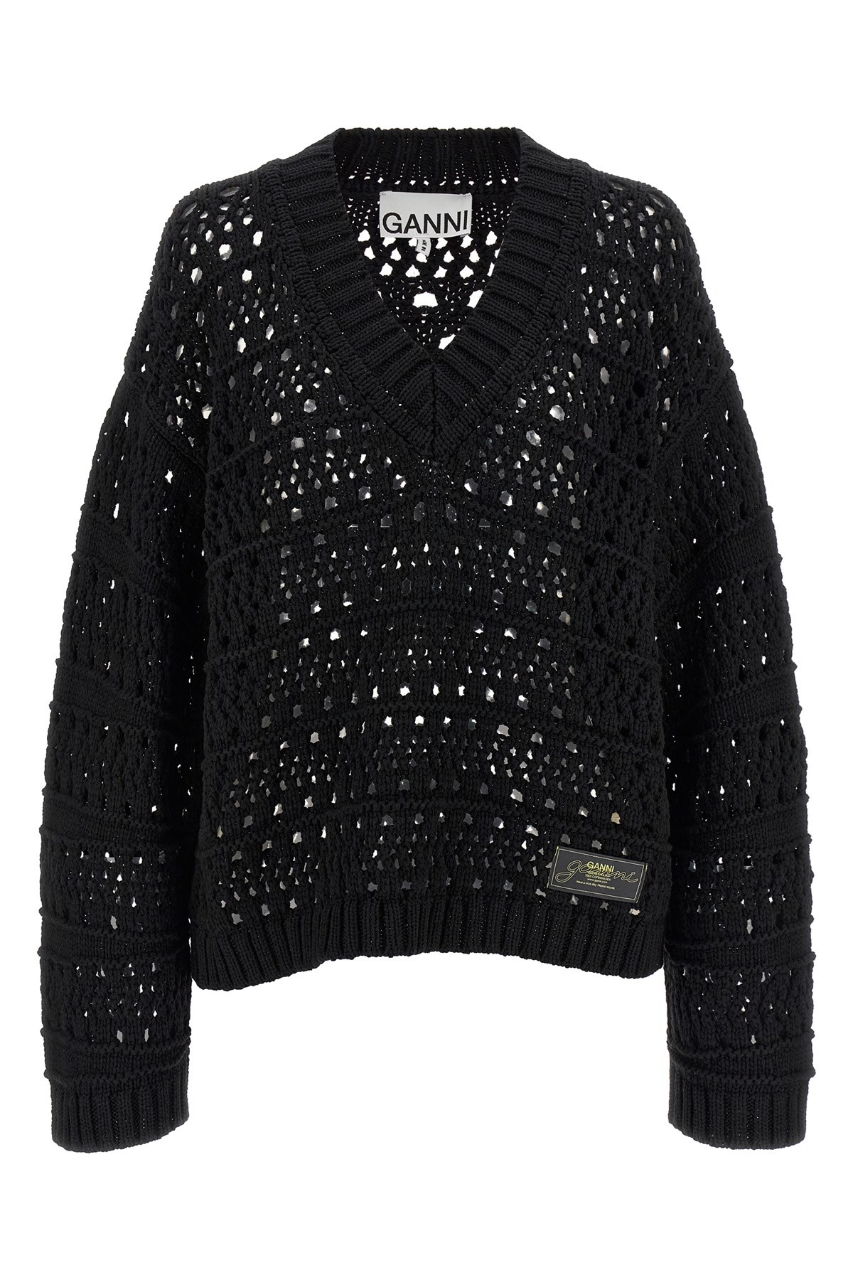 Ganni Black Crochet V-neck Sweater