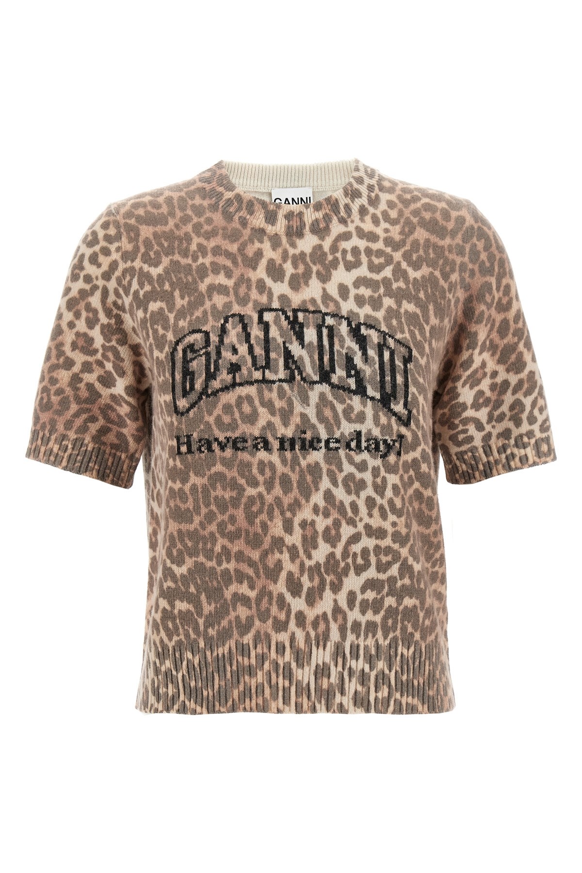 Ganni Leopard Print Wool Mix T-shirt