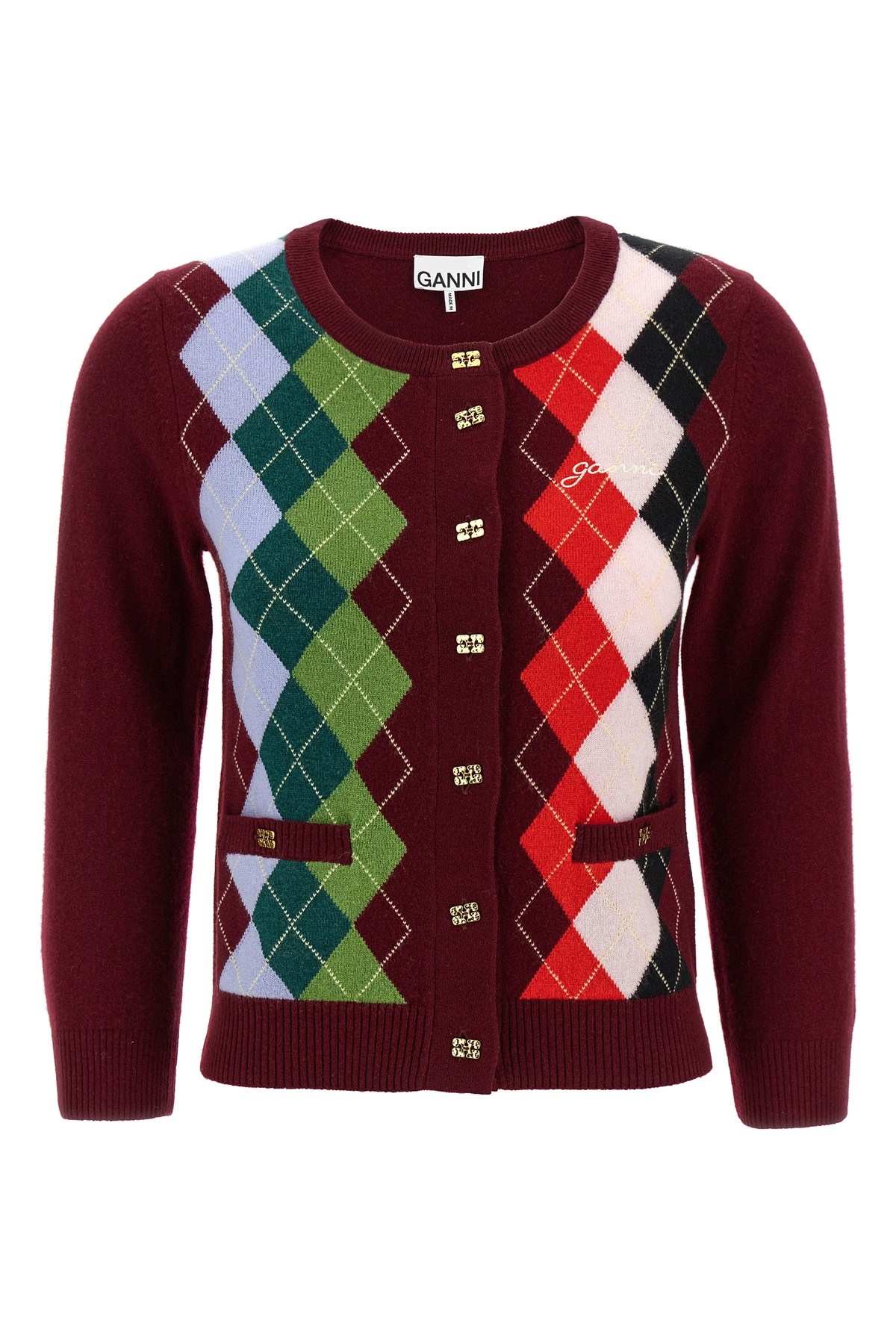 Ganni Womens Tawny Port Rhombus-print Round-neck Wool And Cashmere Cardigan Xl