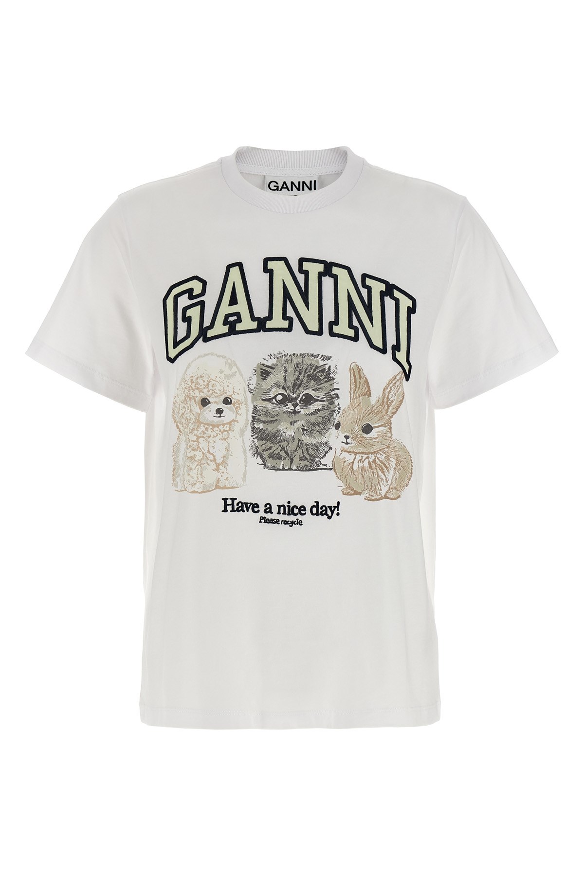 Ganni White Crewneck T-shirt With Maxi Logo On The Front