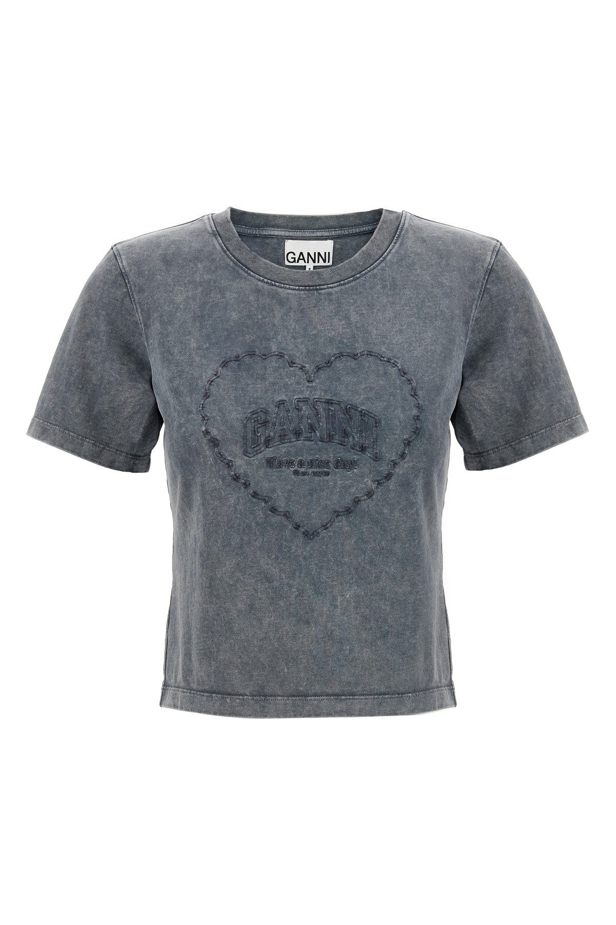 Ganni Cotton T-shirt Featuring Heart Embroidery