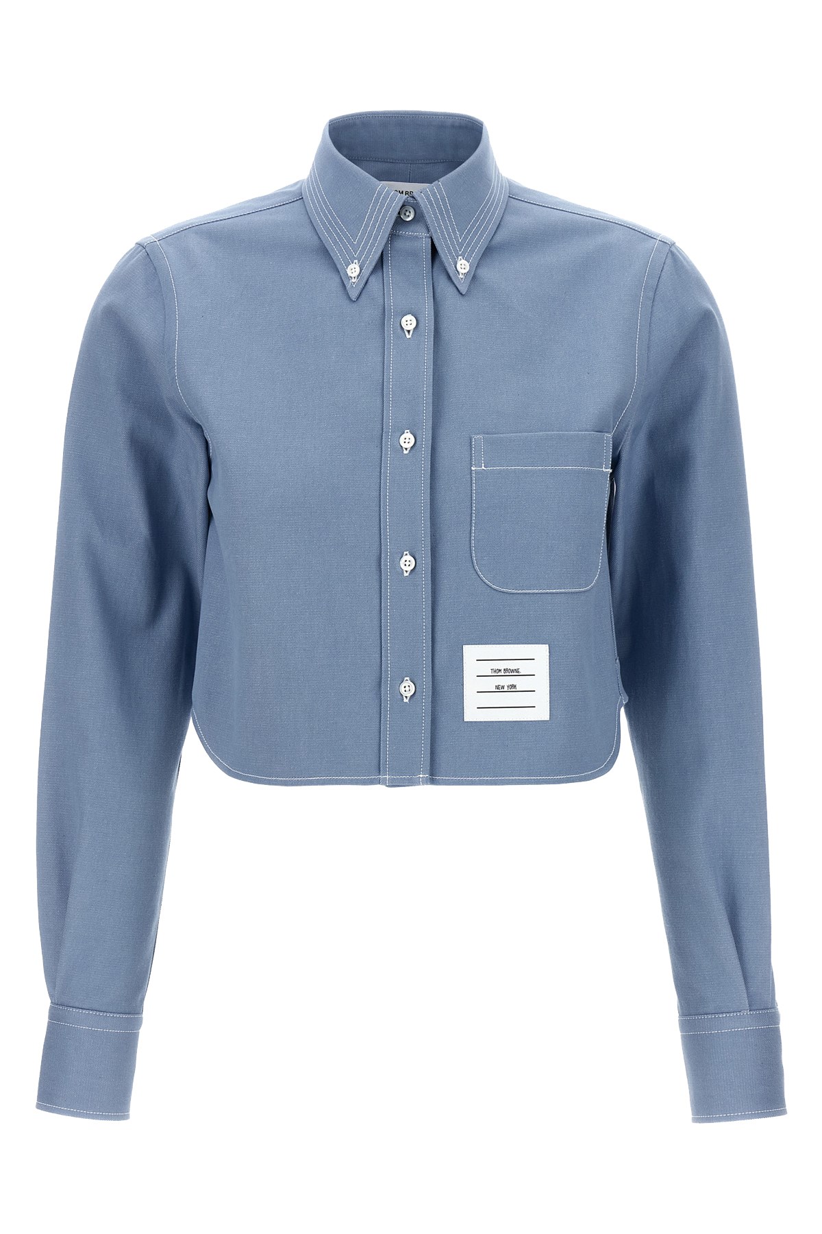 Thom Browne Cropped Denim Shirt With Contrast Stitching In Blue
