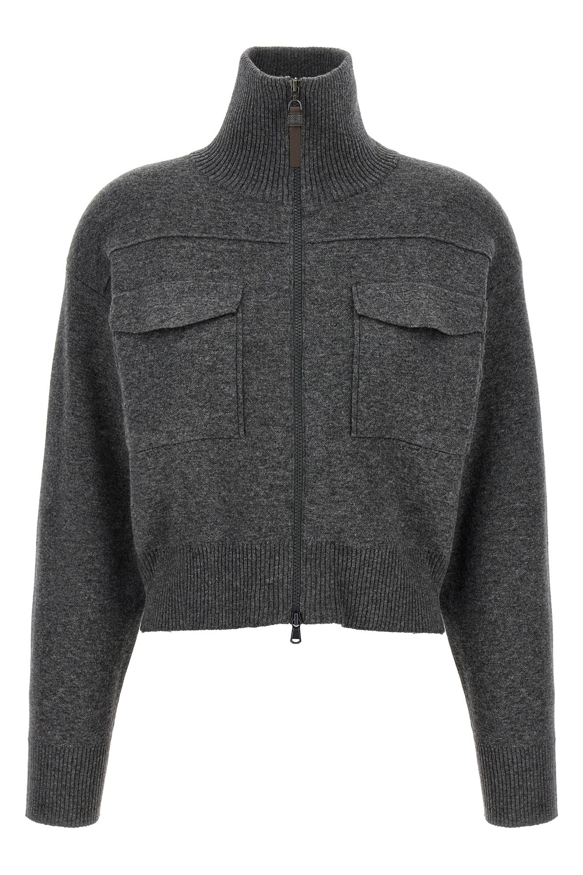 Brunello Cucinelli Shiny Zipper Pull Sweaters And Cardigans Gray