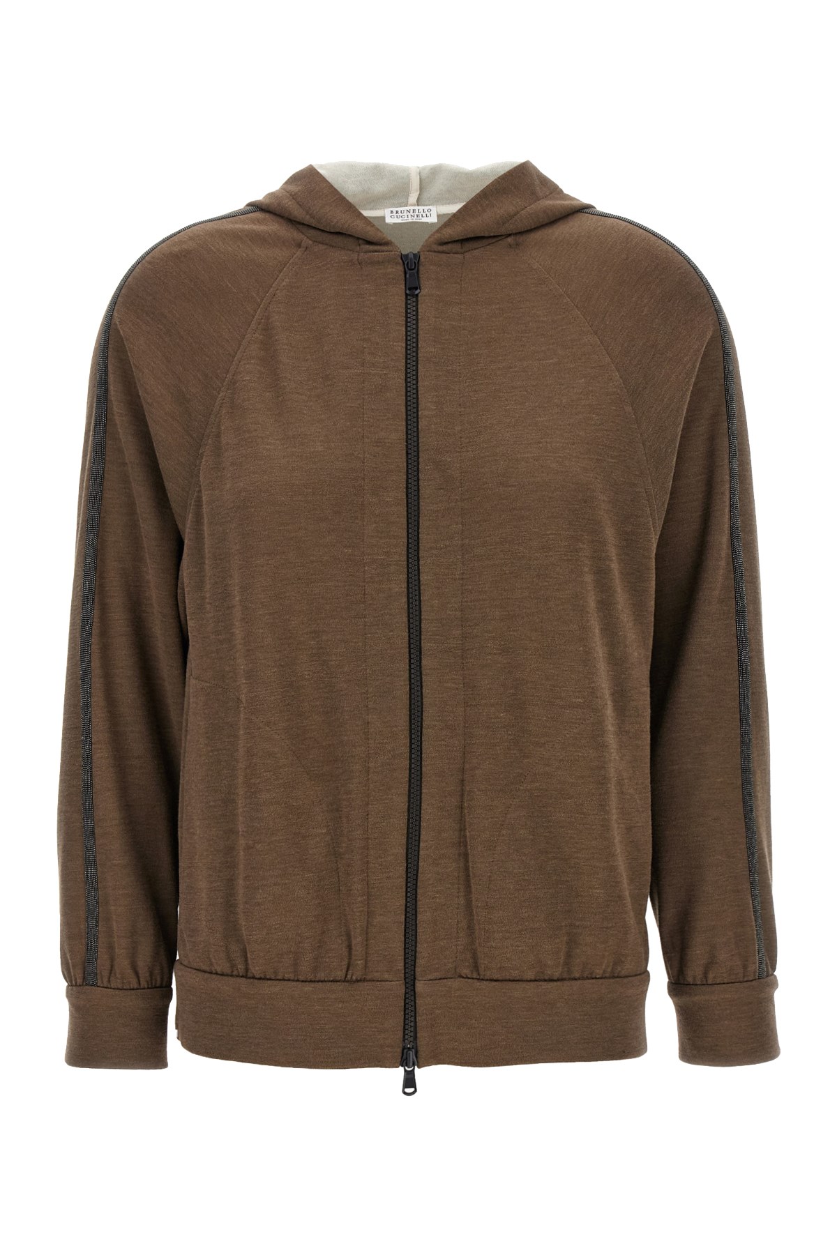 Brunello Cucinelli Brown Sweatshirt With Fixed Hood And Monil Detail On The Sleeve In Cotton Blend W