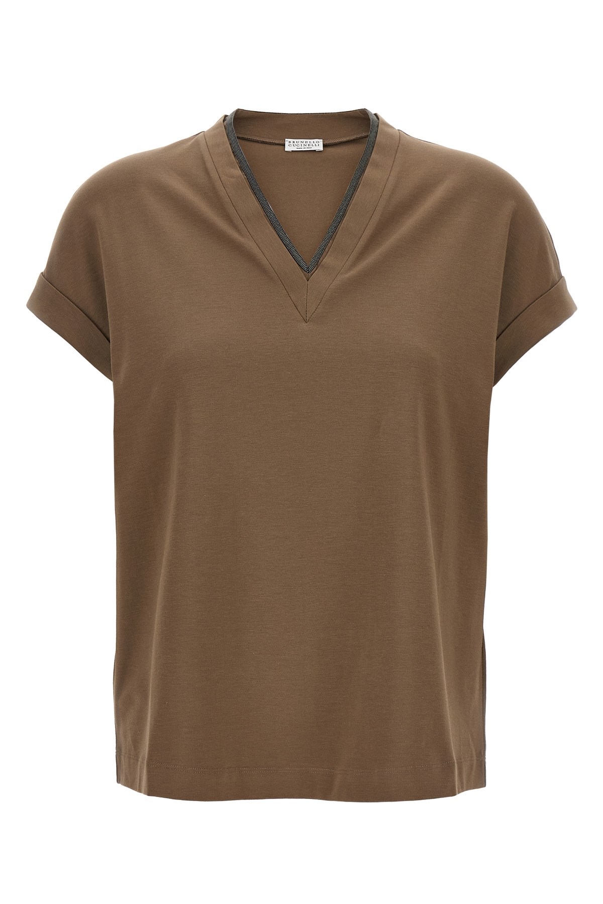 Brunello Cucinelli Rolled Cuffs V-neck Short Sleeve Top In Burgundy