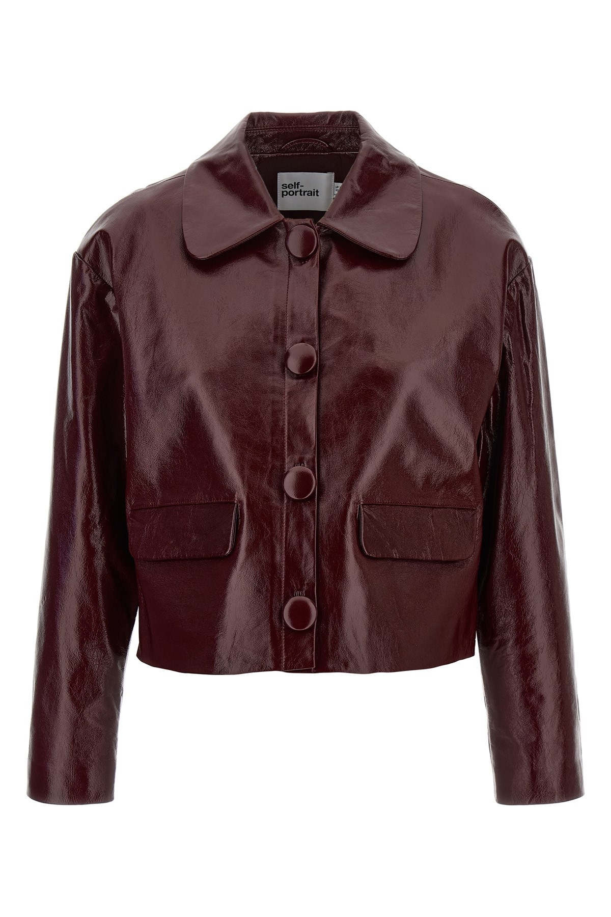 Self-portrait Womens Peter Pan Collar Boxy-fit Faux-leather Jacket Burgundy In Brown