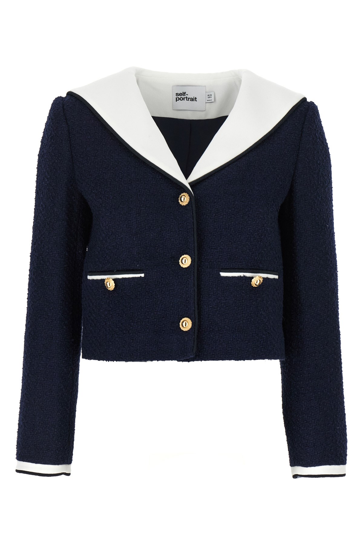 Self-portrait Belted Waist Short Jacket With Stripe Trim In Blue