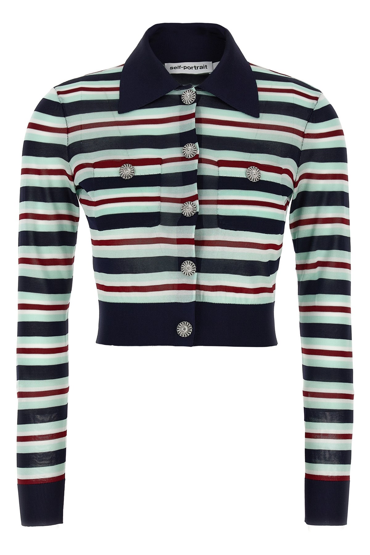 Self-portrait Navy Striped Viscose Knit Sweaters And Cardigans Multicolor