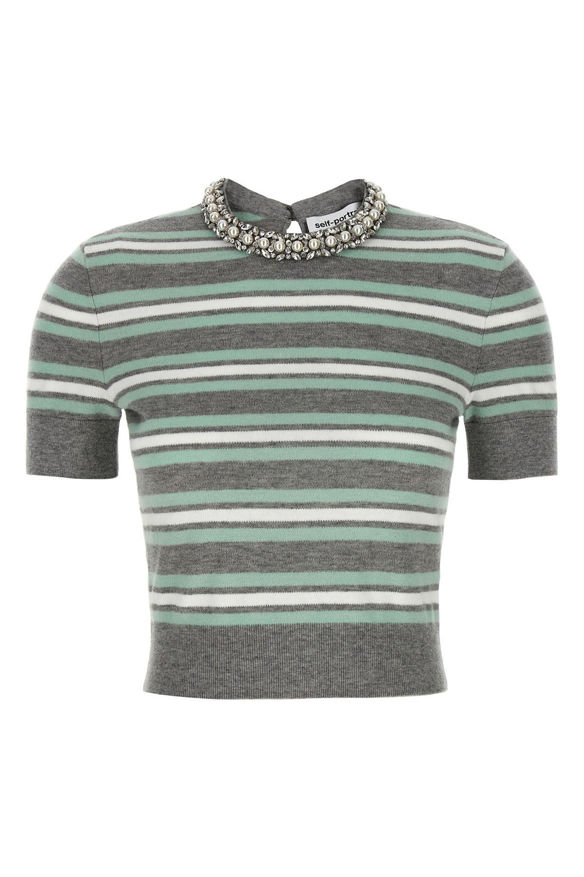 Self-portrait Grey Striped Crystal Trim Knit Sweaters And Cardigans Gray In Gray