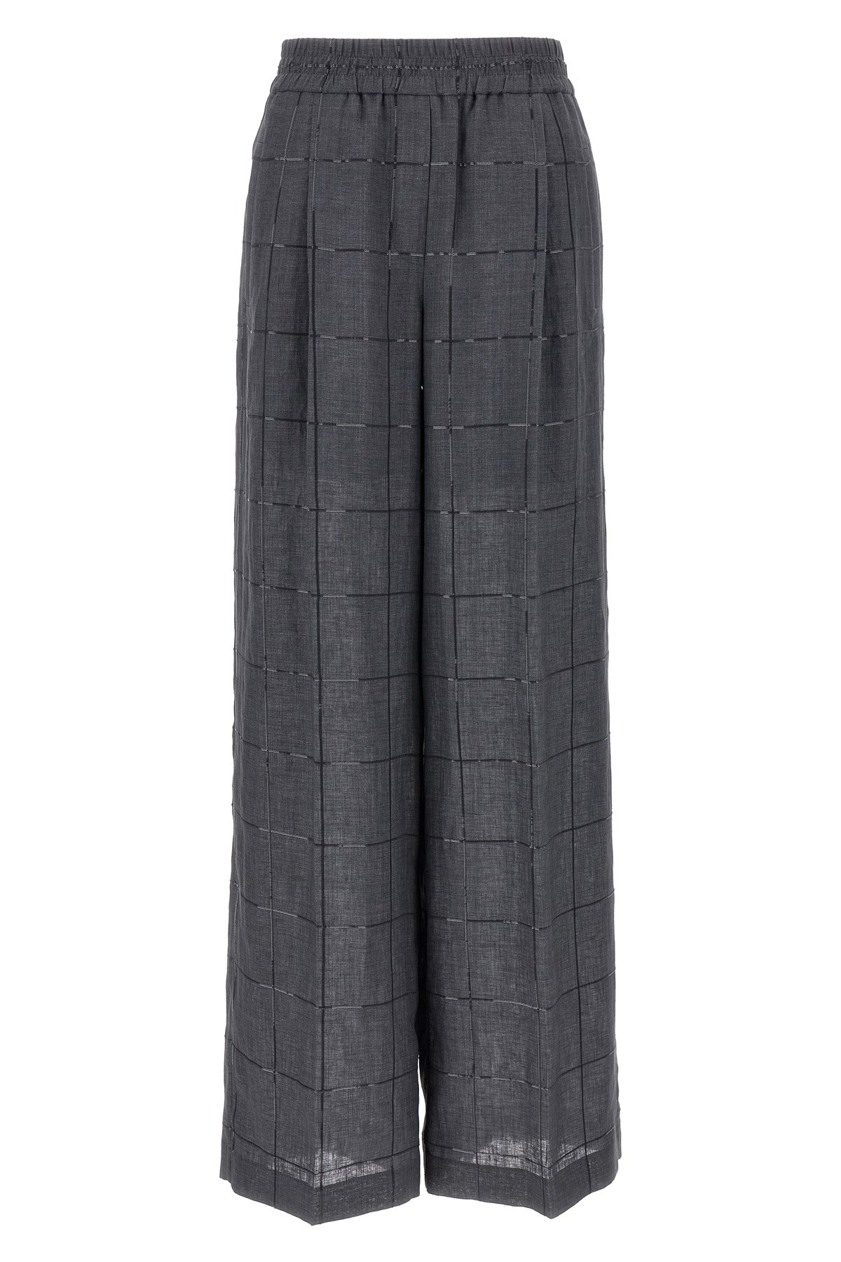 Brunello Cucinelli Check Linen Palazzo Trousers With Sequin Detail
