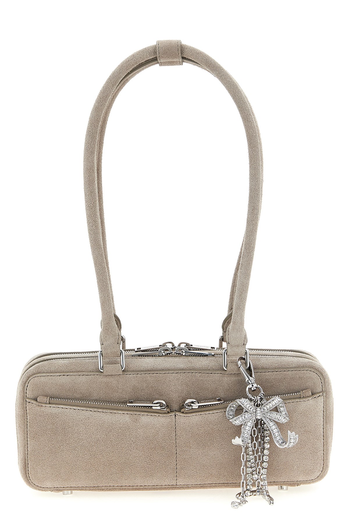 Self-portrait Grey Suede Baguette Shoulder Bag With Charm In Neutral