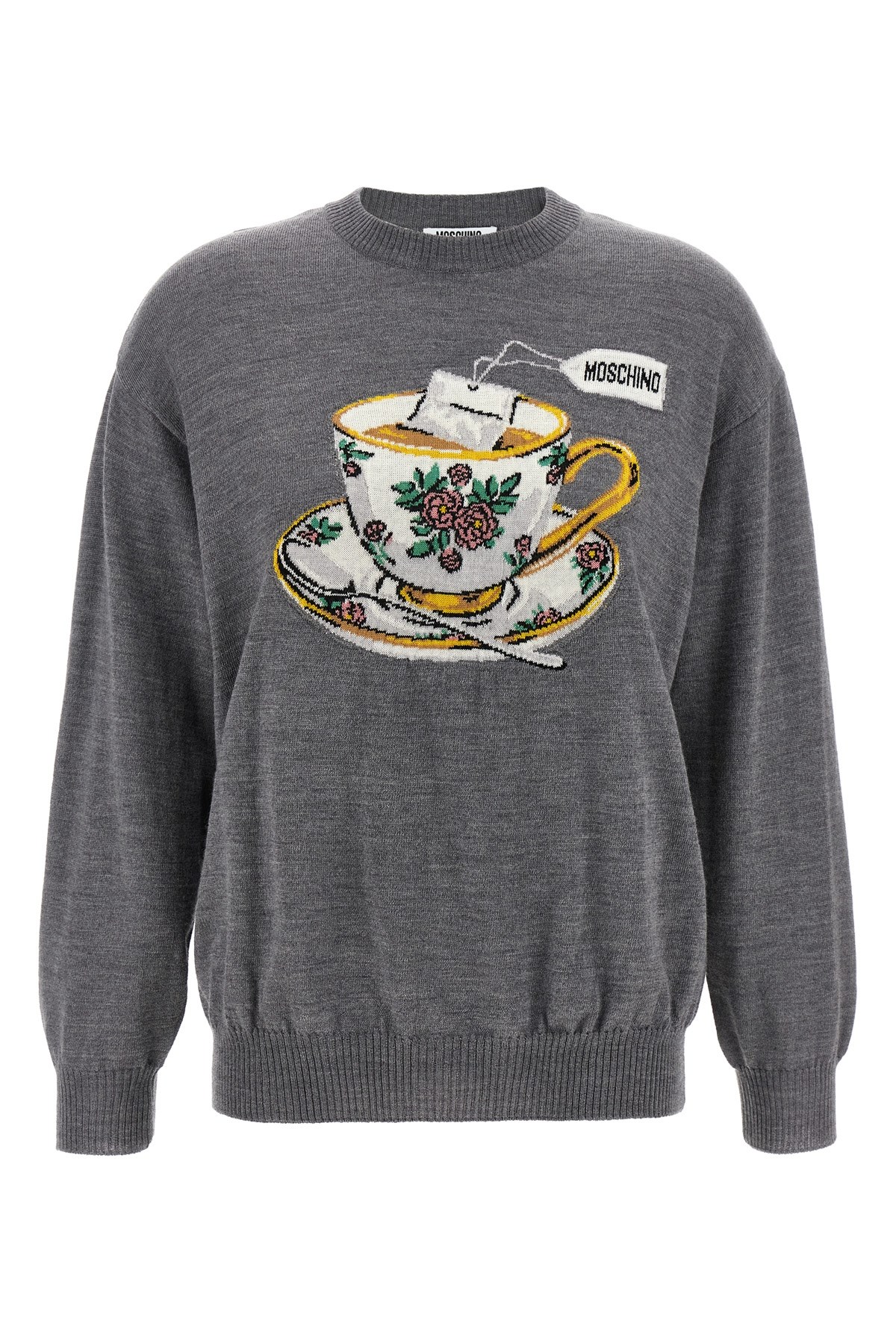 Moschino Crew Neck Graphic Print Intarsia Sweater In Multi