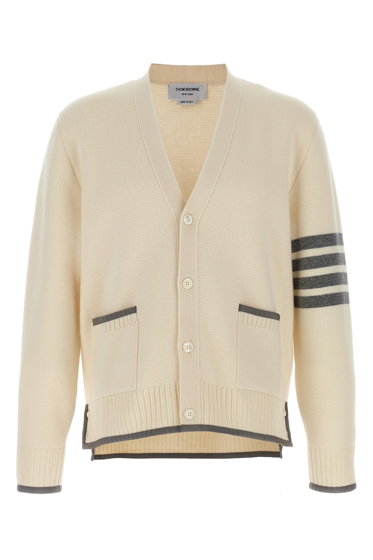 Thom Browne Wool Cardigan With Striped Sleeve Detail In Neutral