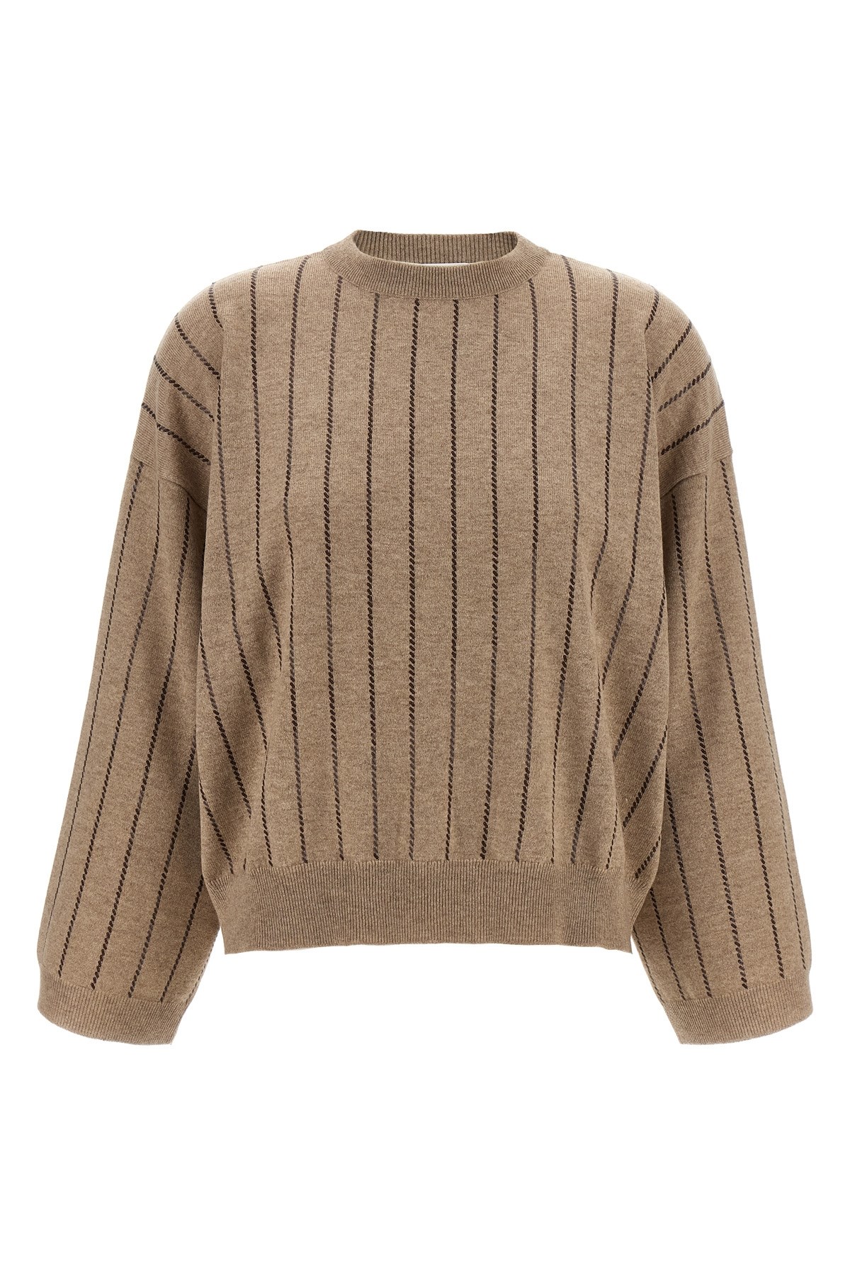 Brunello Cucinelli Sequin Striped Crew Neck Cashmere Sweater In Sand