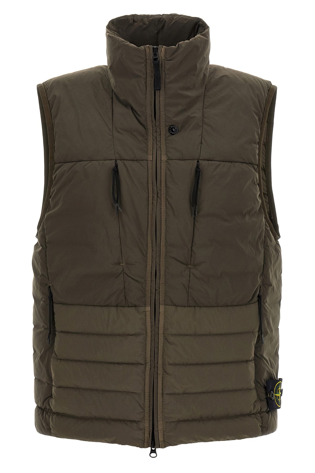 Stone Island Quilted High Collar Sleeveless Side Pockets Vest In Brown
