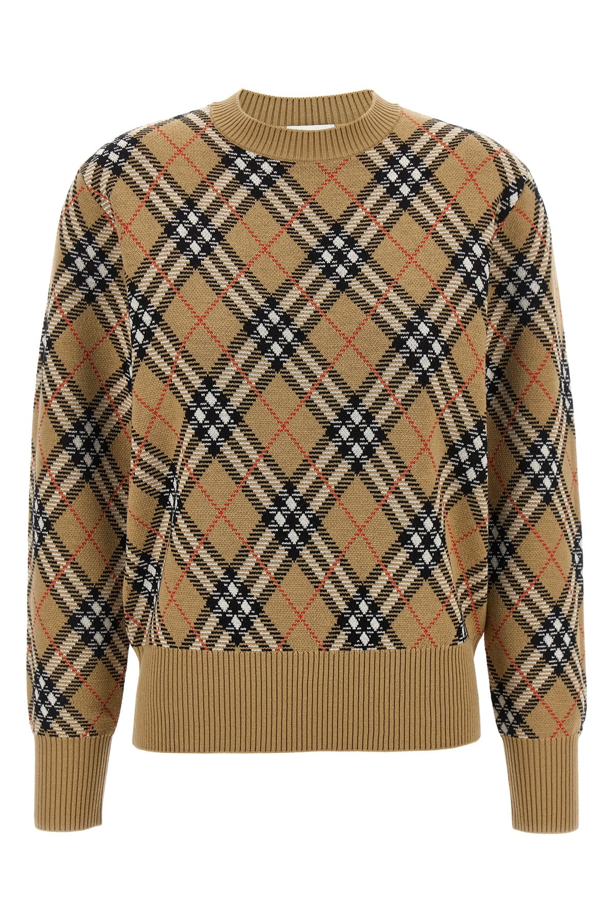 Burberry Plaid Crewneck Sweater With Ribbed Trims In Sand