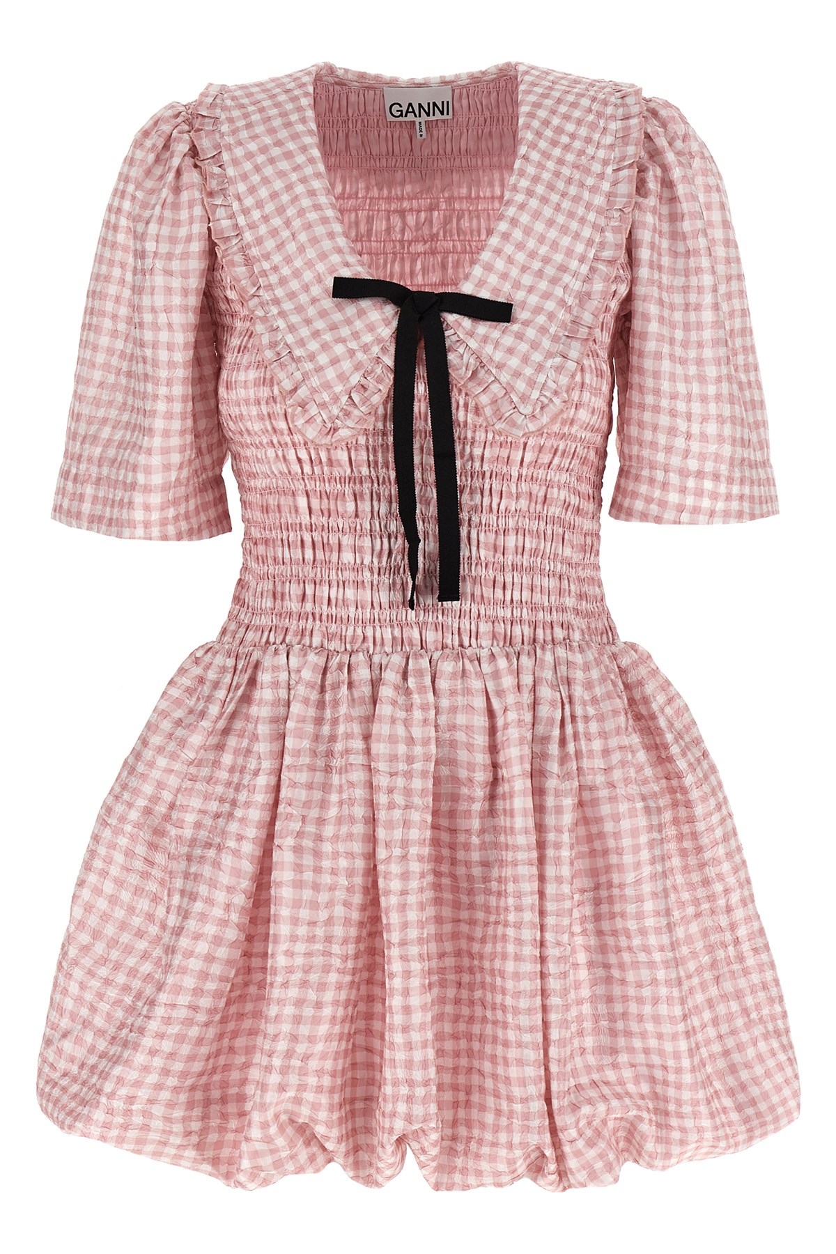 Ganni Vichy Check Shirred Mini Dress In Pink