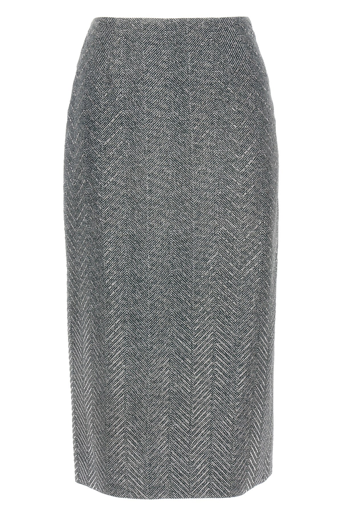 Ermanno Scervino Rhinestone-embellished Herringbone Silk Midi Skirt In Gray