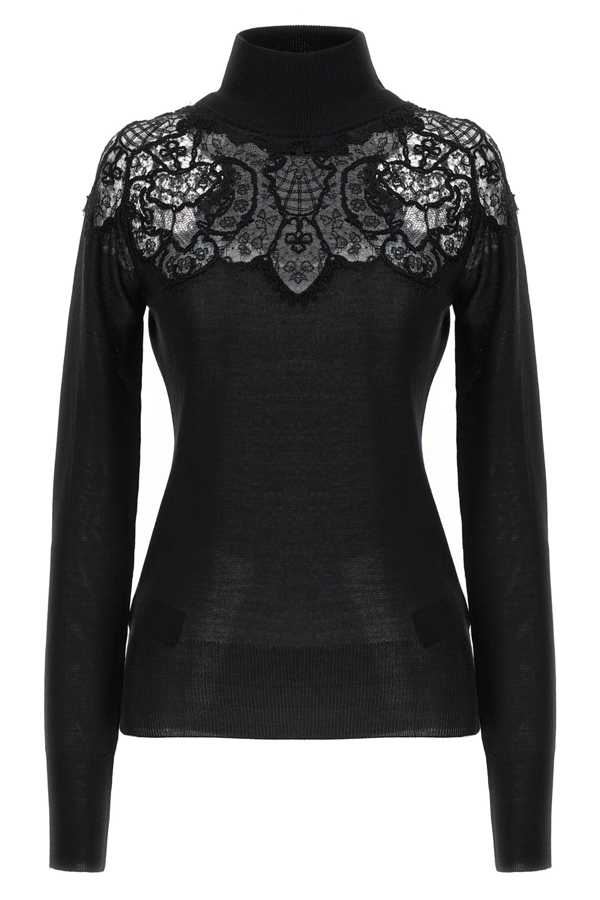 Ermanno Scervino Sheer Turtleneck Lace Sweater With Long Sleeves In Black