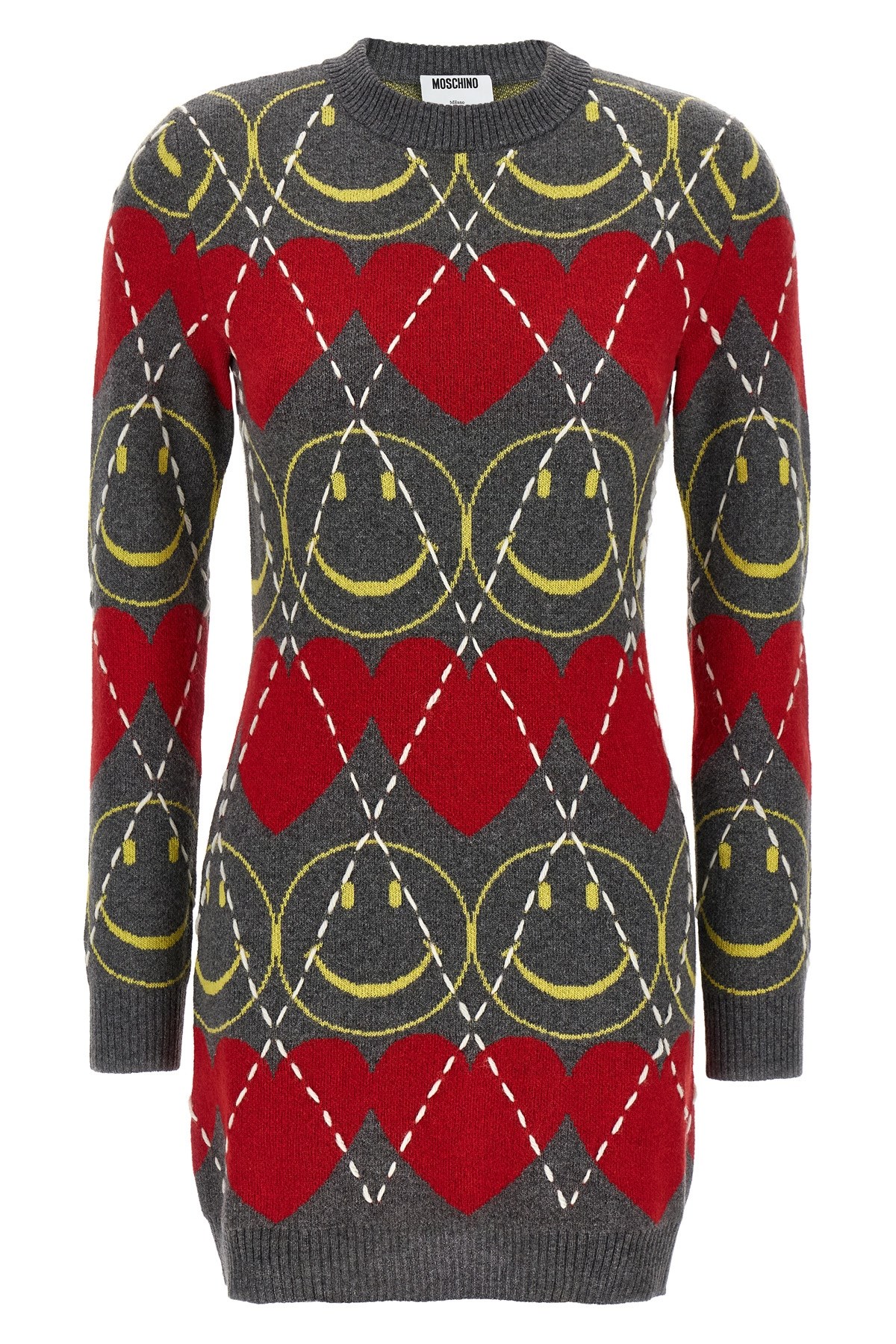 Moschino Crew Neck Long Sleeve Graphic Dress In Multi