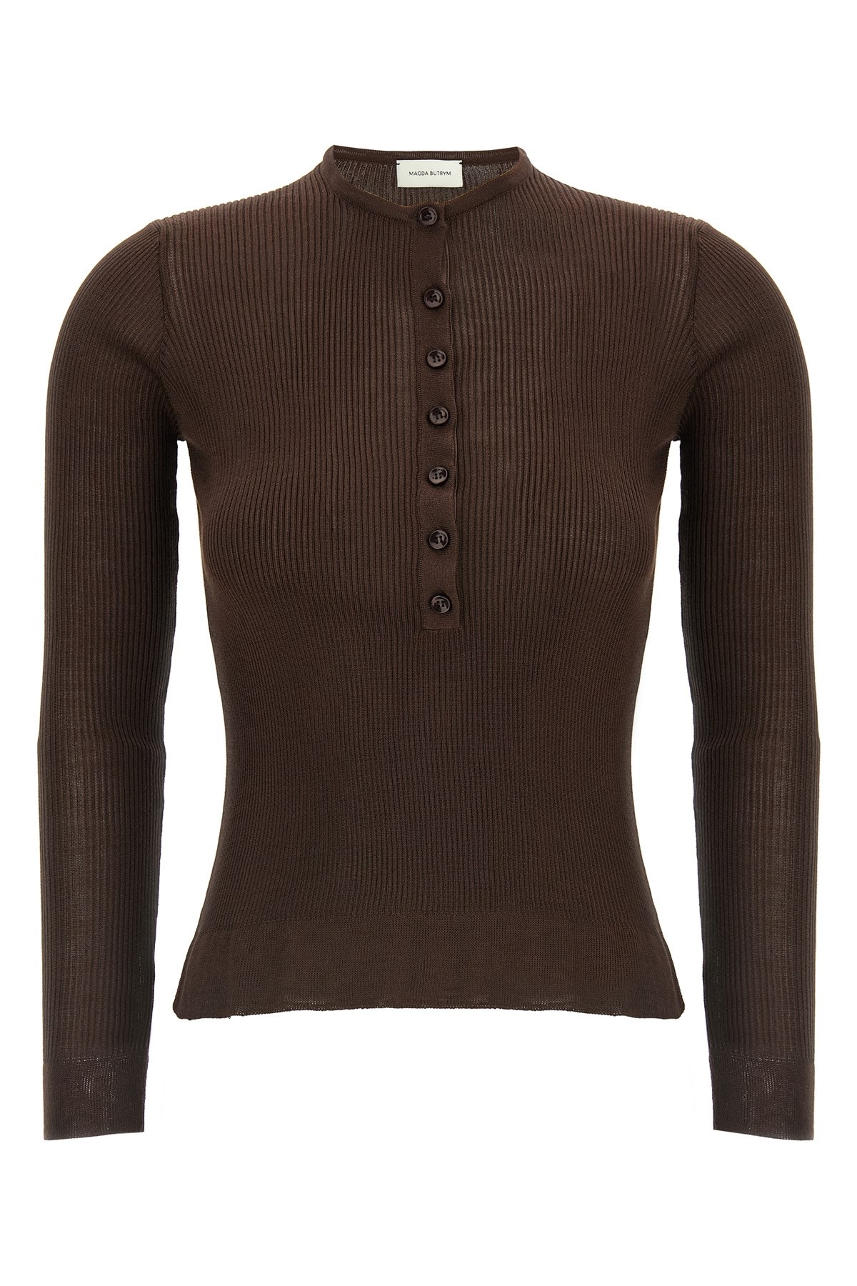 Magda Butrym Ribbed Silk Sweater With Crew Neck In Brown