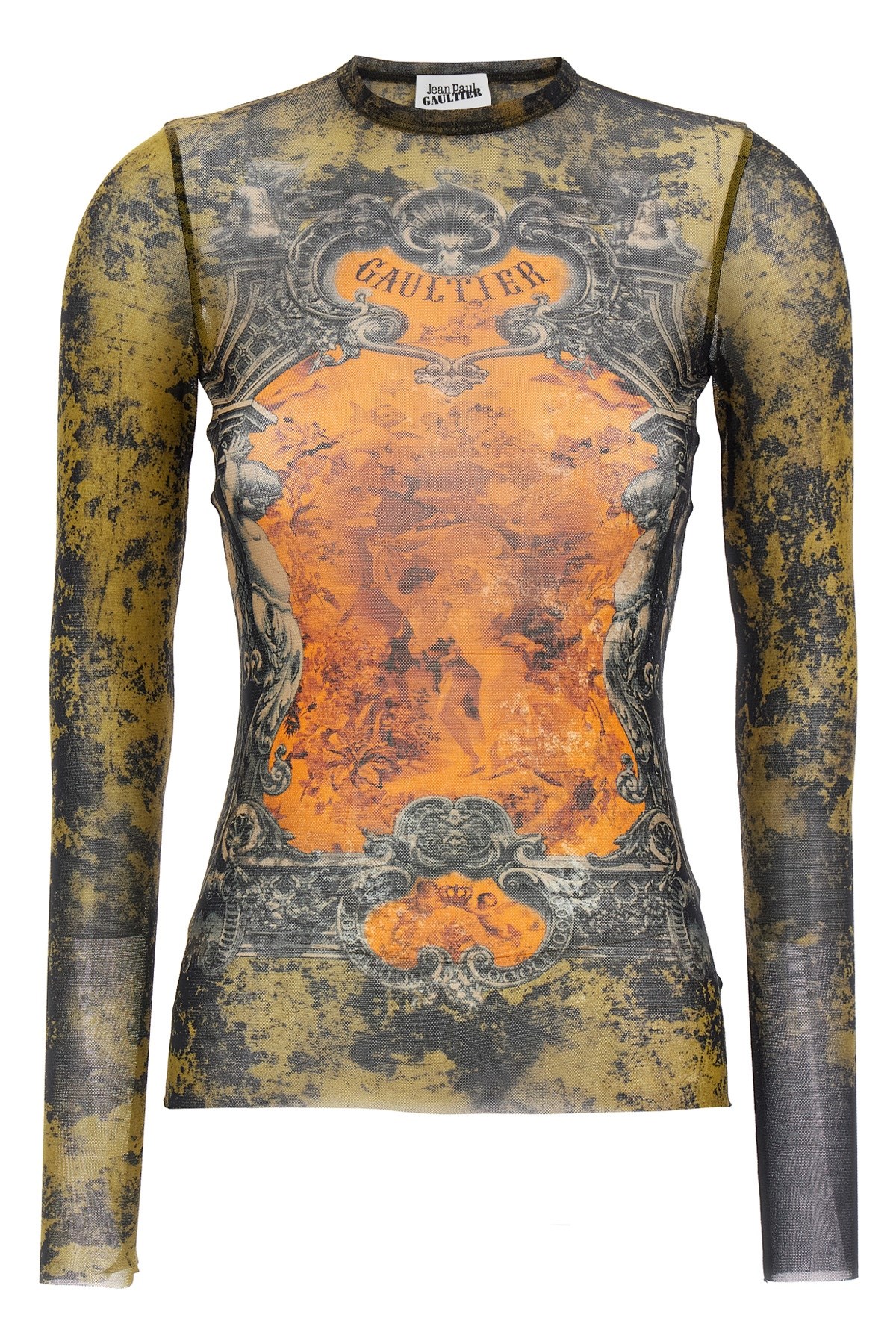 Jean Paul Gaultier Medallion Print Long Sleeve Mesh Top In Multi