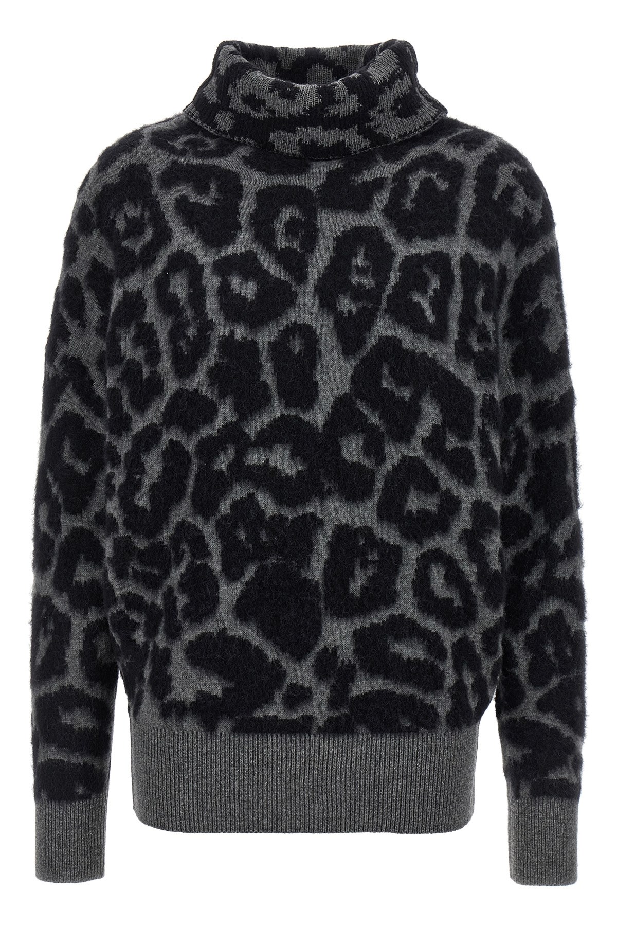Stella Mccartney Leopard Print Turtleneck Wool Sweater In Gray