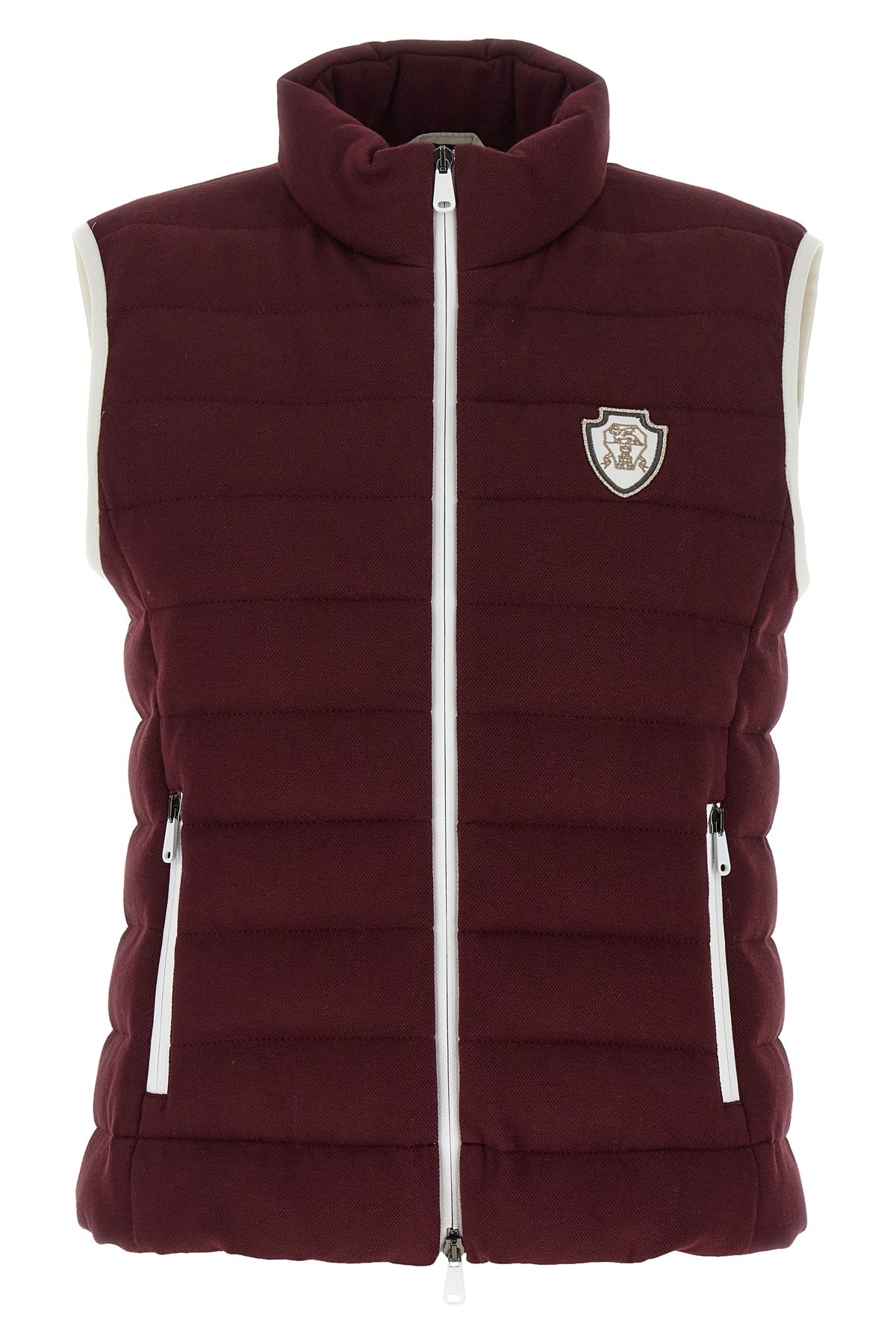Brunello Cucinelli Bordeaux Sleeveless Down Jacket With Logo Patch On The Front In Burgundy