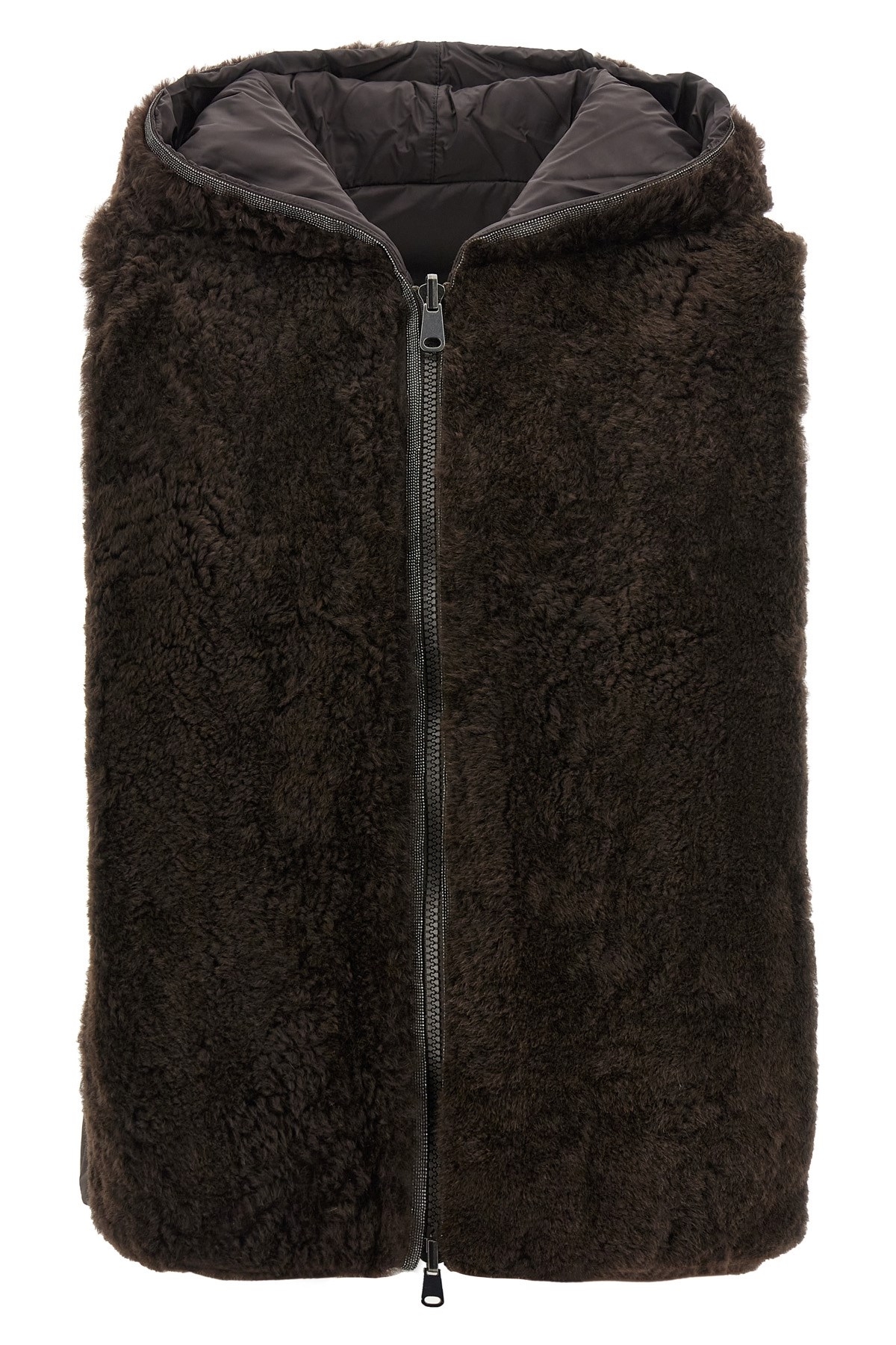 Brunello Cucinelli Reversible Hooded Faux Fur Vest In Brown