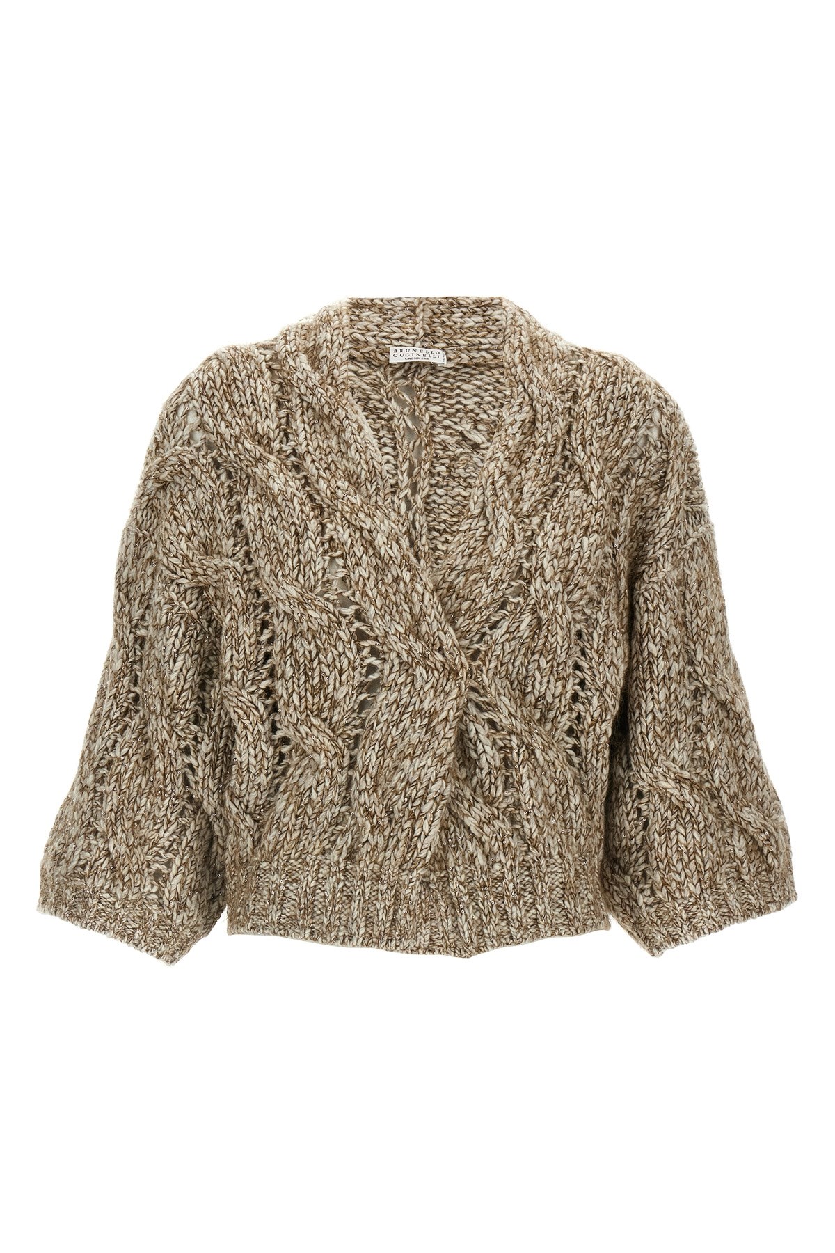 Brunello Cucinelli Chunky Knit Sweater With Deep V-neckline And Cable Design In Sand