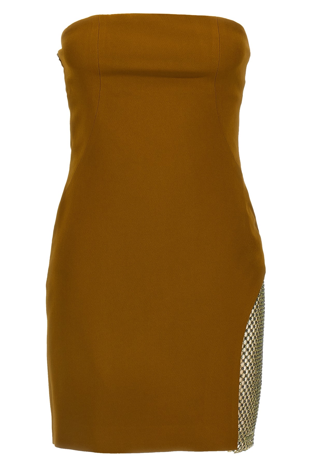 Attico Sequin Insert Strapless Fitted Dress With Side Mesh In Orange