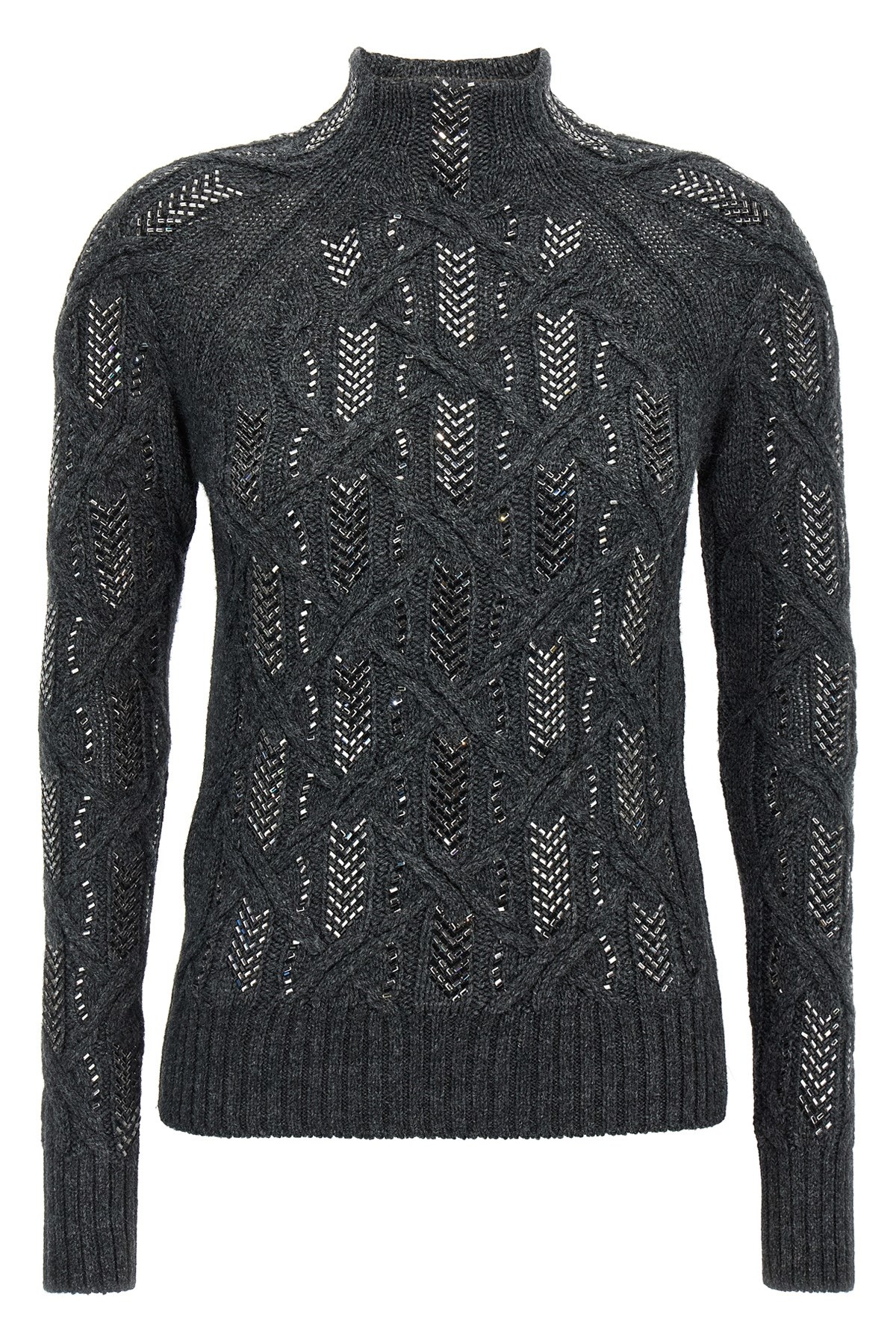 Ermanno Scervino Cable Knit Mock Neck Sweater With Ribbed Hem In Gray