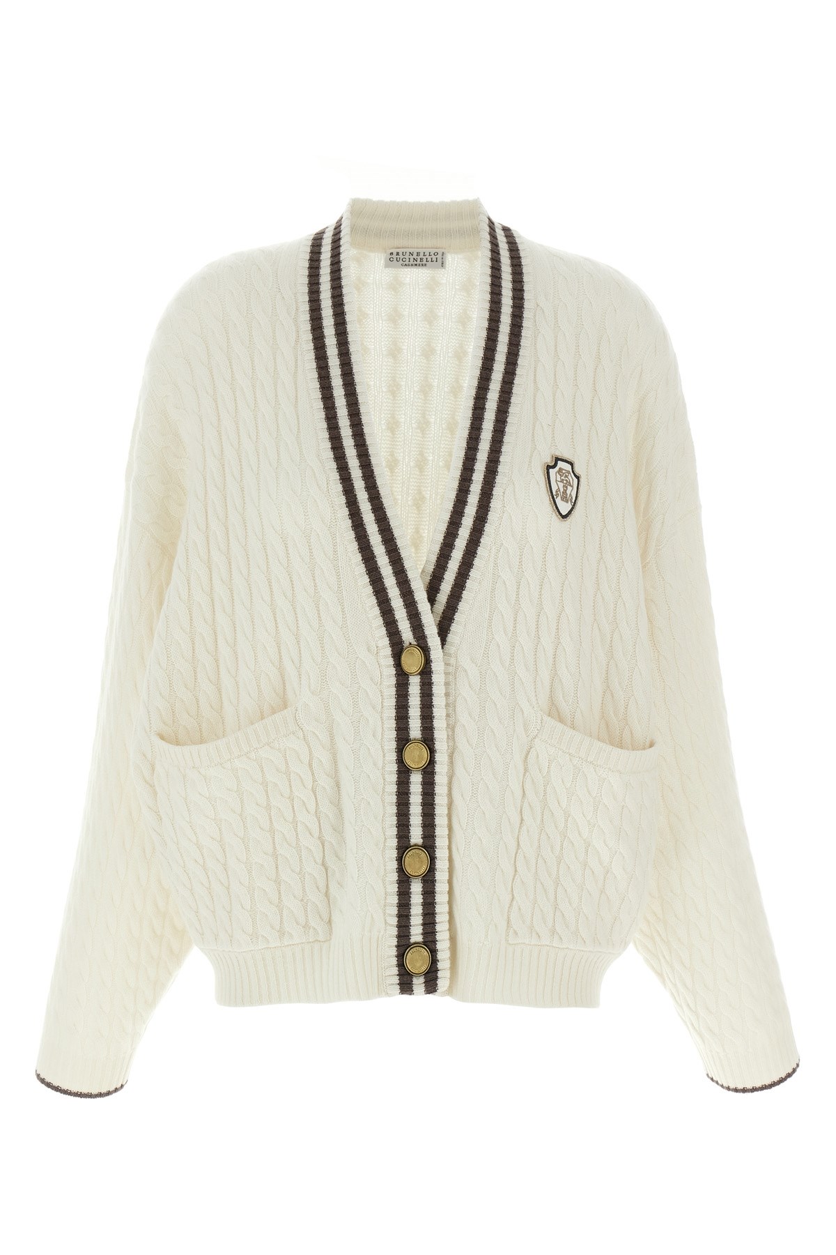 Brunello Cucinelli Cable Knit Cardigan With Patch Pockets In Neutral