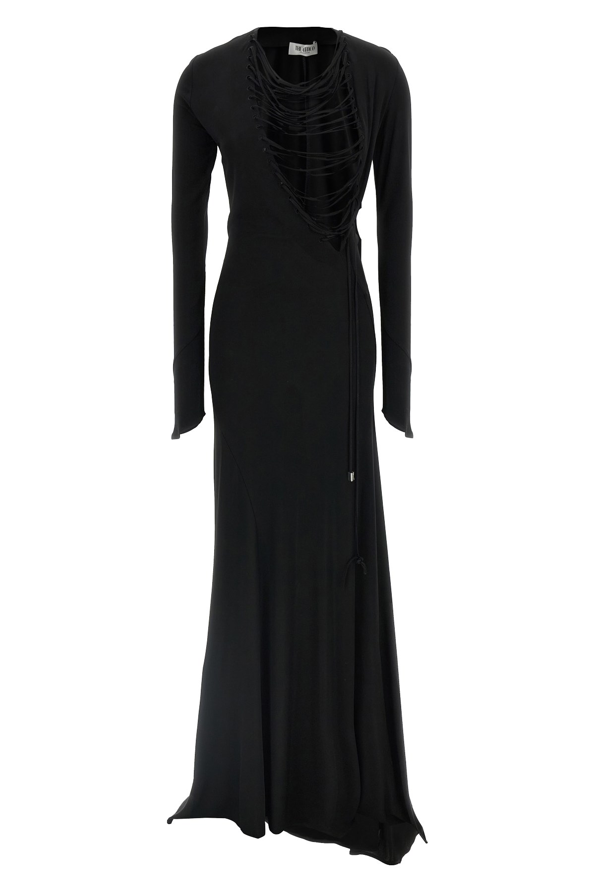 Attico Asymmetrical V-neck Dress With Flared Train In Black