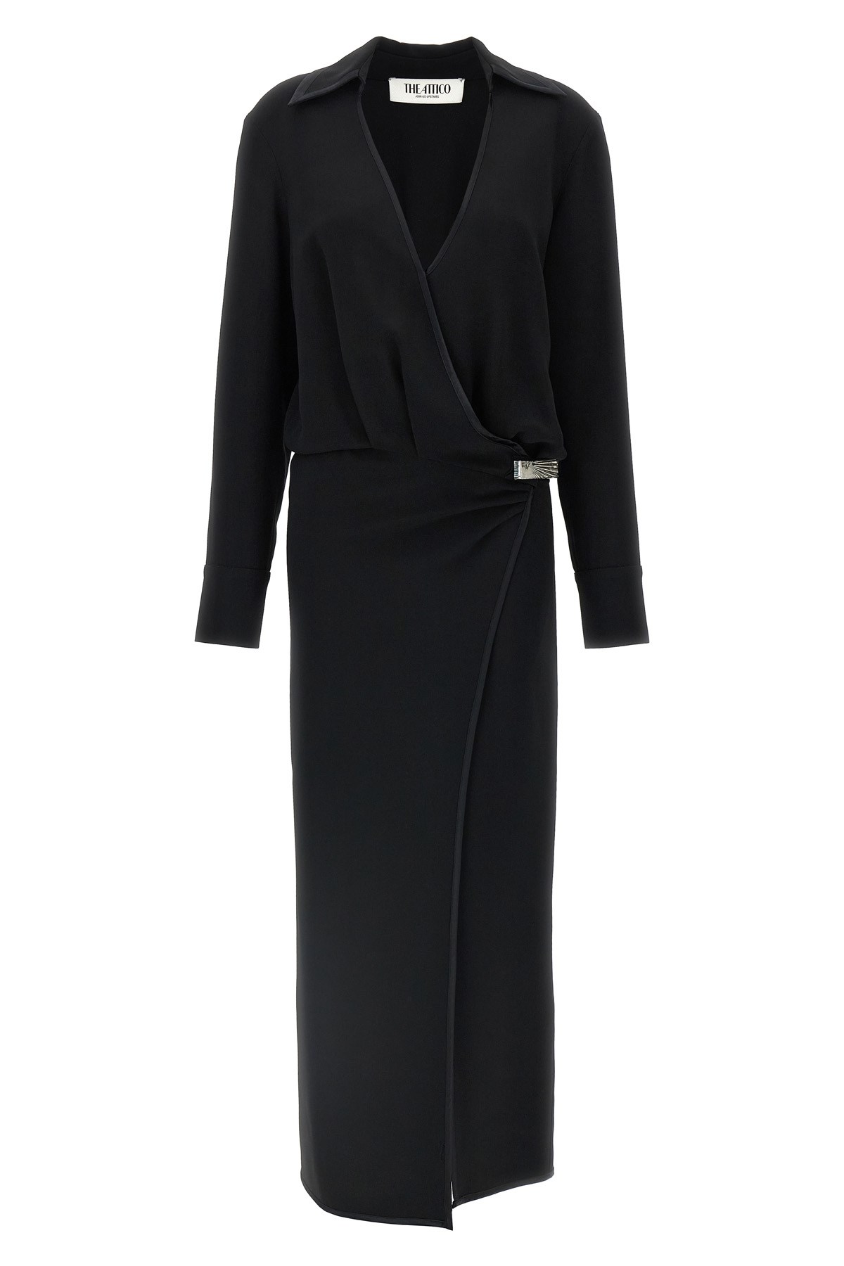 Attico V-neck Slit Midi Dress With Satin Piping In Black